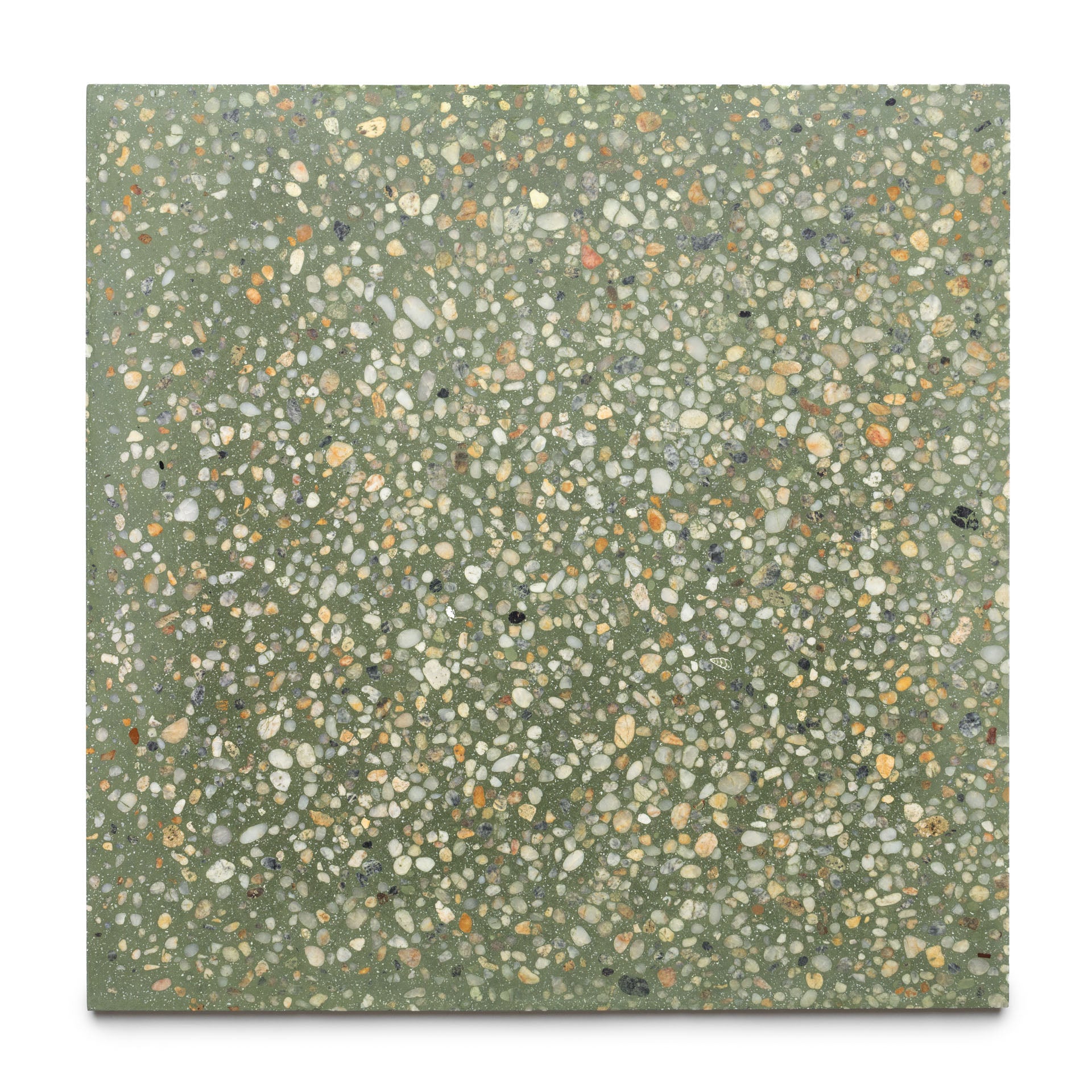 The Zia Tile Desert Oasis 24x24 is a handmade square terrazzo tile featuring a green base and scattered multicolored stone chips of various sizes, displayed on a plain white background.