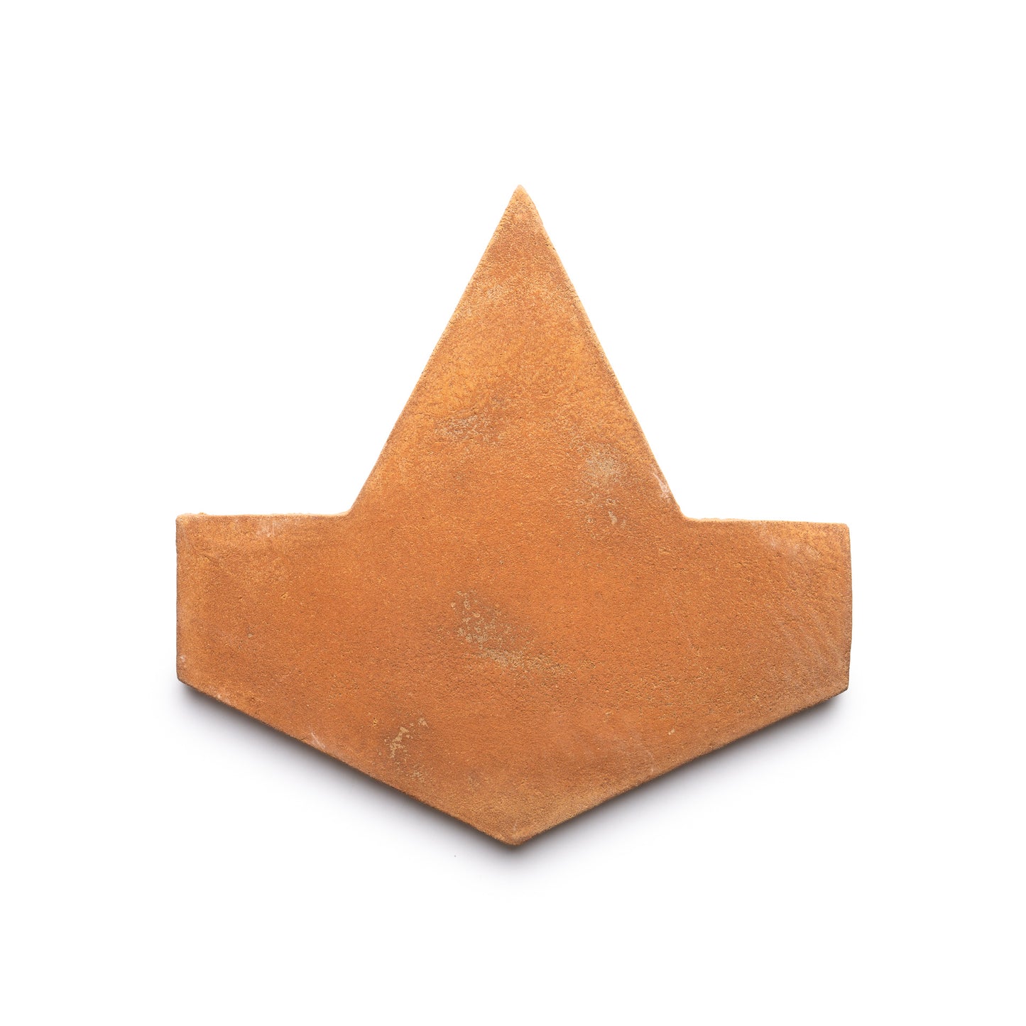 The Big Alcazar + Fired Earth sample by Zia Tile is a terracotta-colored geometric tile with a pointed top, rectangular base, and symmetrical angular sides, shown on a white background.