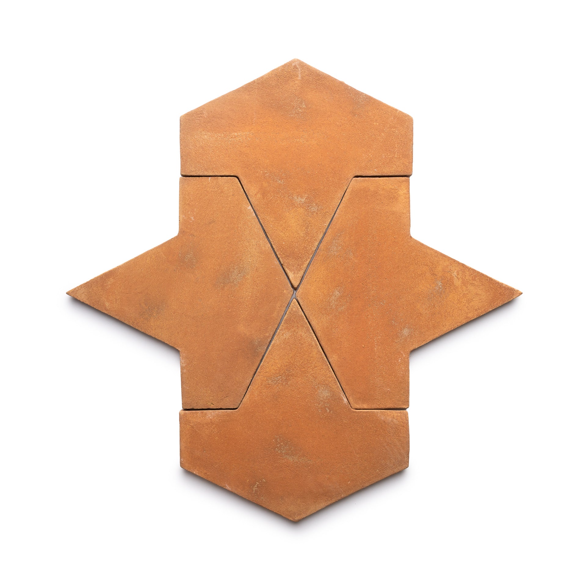 Four Big Alcazar + Fired Earth terracotta tiles by Zia Tile are arranged on a white background, forming a symmetrical geometric shape with two pointed extensions on opposite sides.