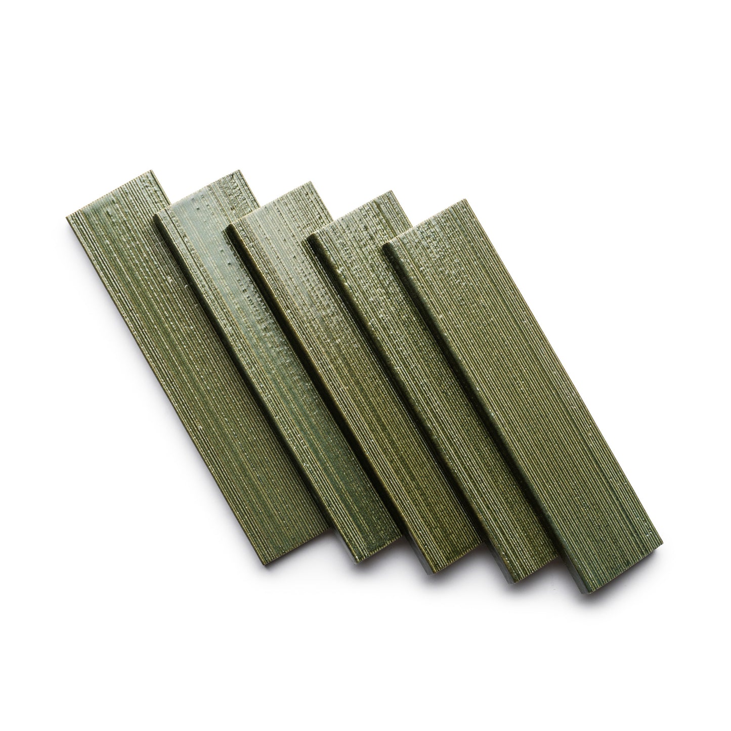 Five rectangular, textured pieces of Zia Tile's Frogtown + Etched green tile are arranged in a fan-like pattern on a white background.