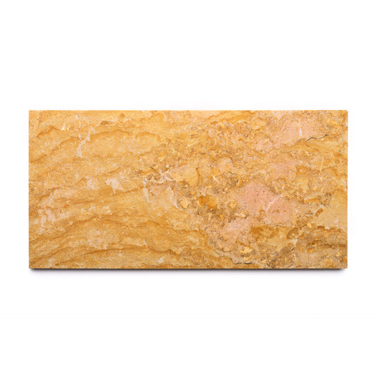 The Giallo Reale 12x24 by Zia Tile is a rectangular yellowish-brown ceramic tile featuring textured, irregular patterns and subtle color variations, shown on a white background.