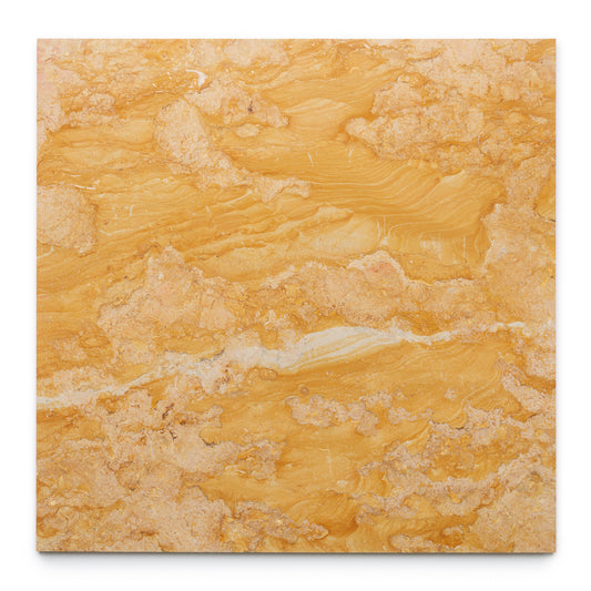 The Giallo Reale 24x24 by Zia Tile is a square, polished yellow-orange marble tile featuring wavy natural patterns and cream-colored veins.