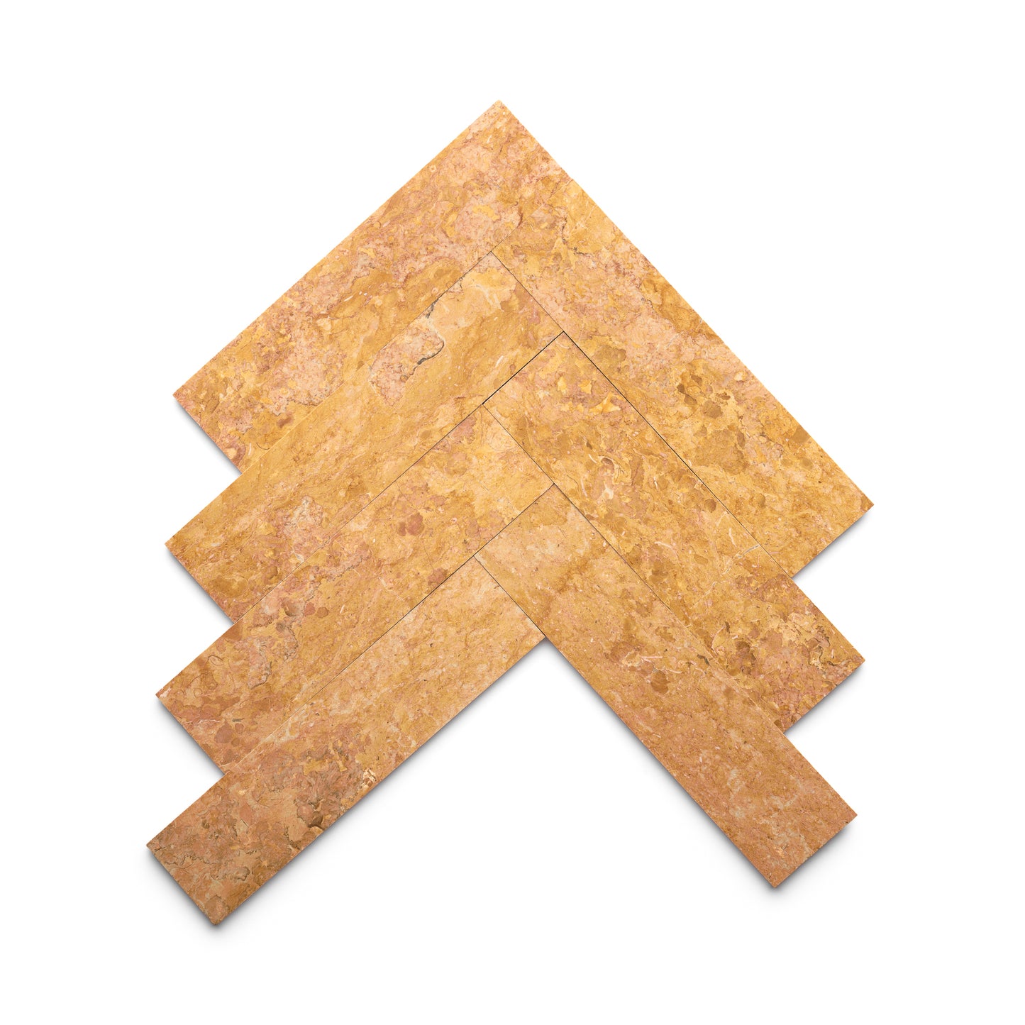 Five Giallo Reale 3x12 rectangular tiles from Zia Tile are arranged in a herringbone pattern on a white background. The handmade marble tiles display natural variation and veining for a textured look.