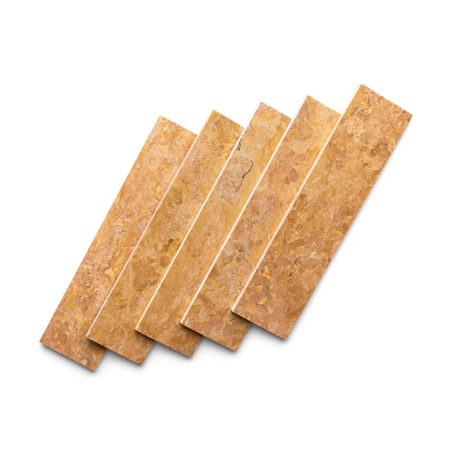 Five Giallo Reale 3x12 handmade tiles by Zia Tile, rectangular and brownish-orange with a marbled texture, are arranged in a slightly fanned-out pattern on a white background.