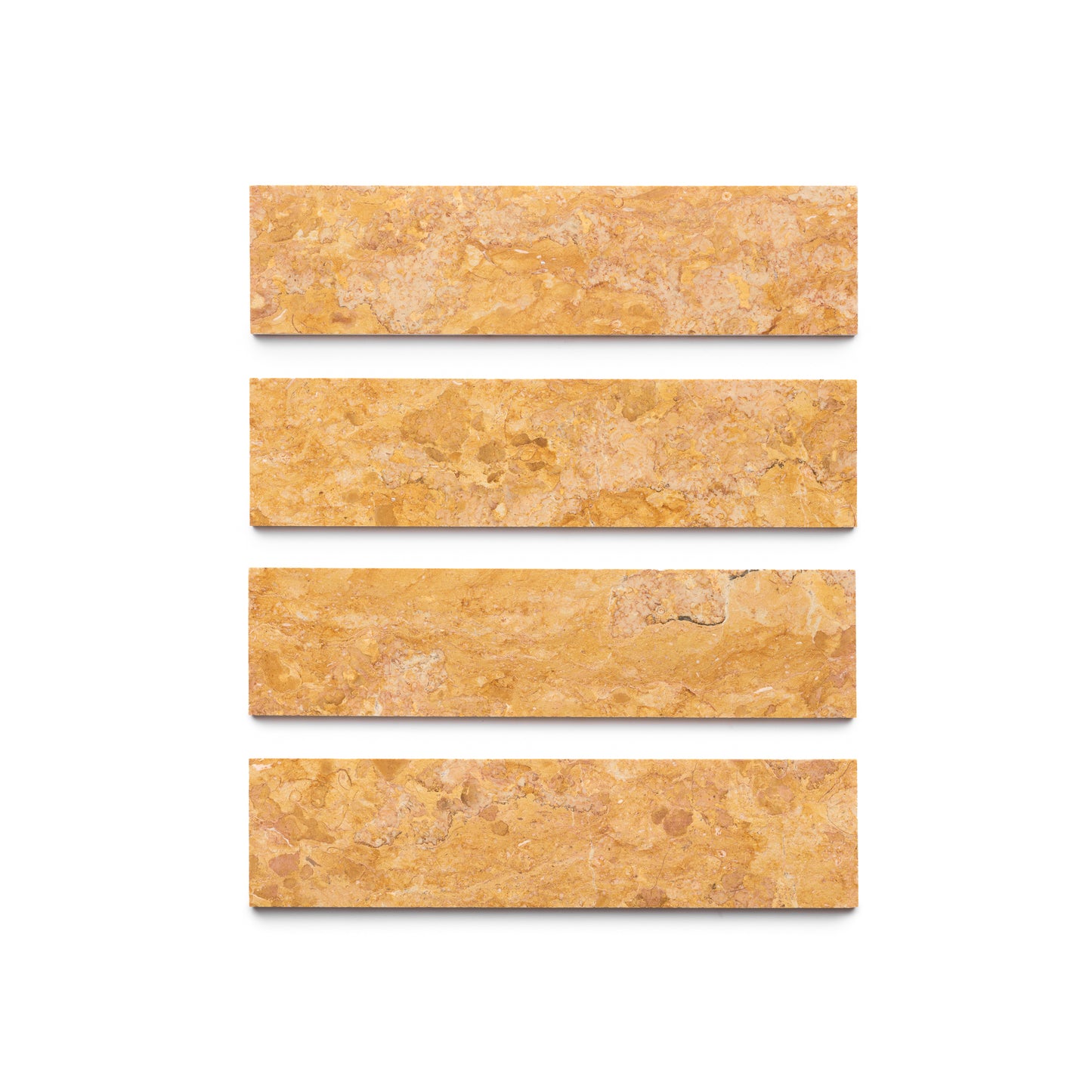 Four rectangular Giallo Reale 3x12 tiles by Zia Tile, featuring an orange-brown texture, are arranged horizontally in parallel rows on a white background.