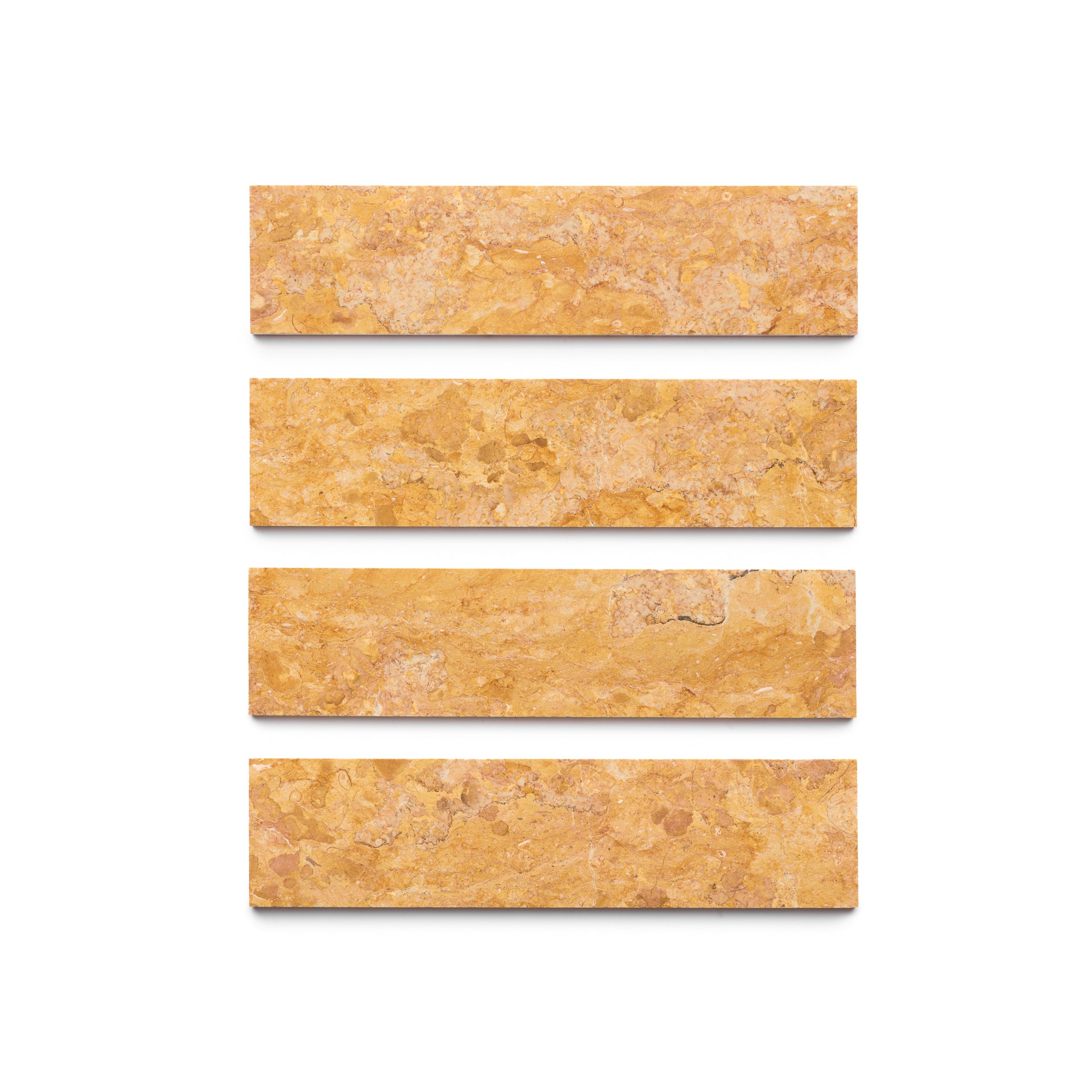 Four rectangular Giallo Reale 3x12 tiles by Zia Tile, featuring an orange-brown texture, are arranged horizontally in parallel rows on a white background.