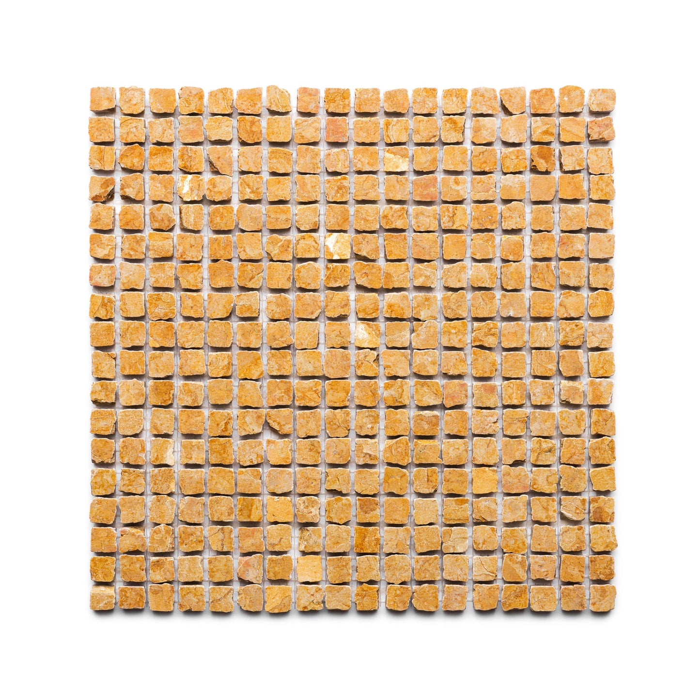 Evenly arranged on a white background, Zia Tile’s Giallo Reale 5/8 features small, rough-textured, yellowish-brown stone tiles in a square grid.
