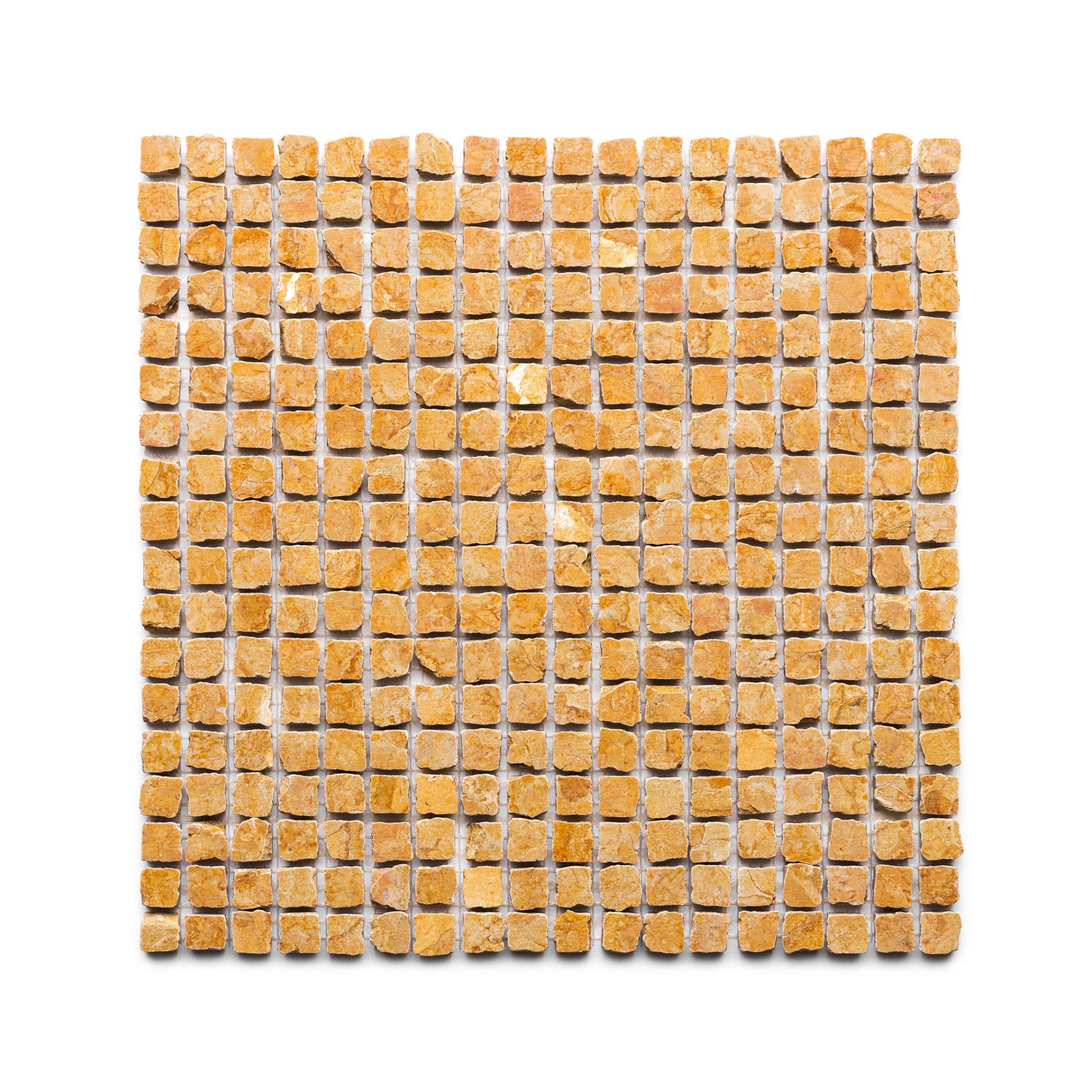Evenly arranged on a white background, Zia Tile’s Giallo Reale 5/8 features small, rough-textured, yellowish-brown stone tiles in a square grid.