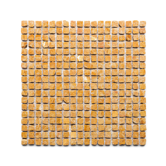 Evenly arranged on a white background, Zia Tile’s Giallo Reale 5/8 features small, rough-textured, yellowish-brown stone tiles in a square grid.