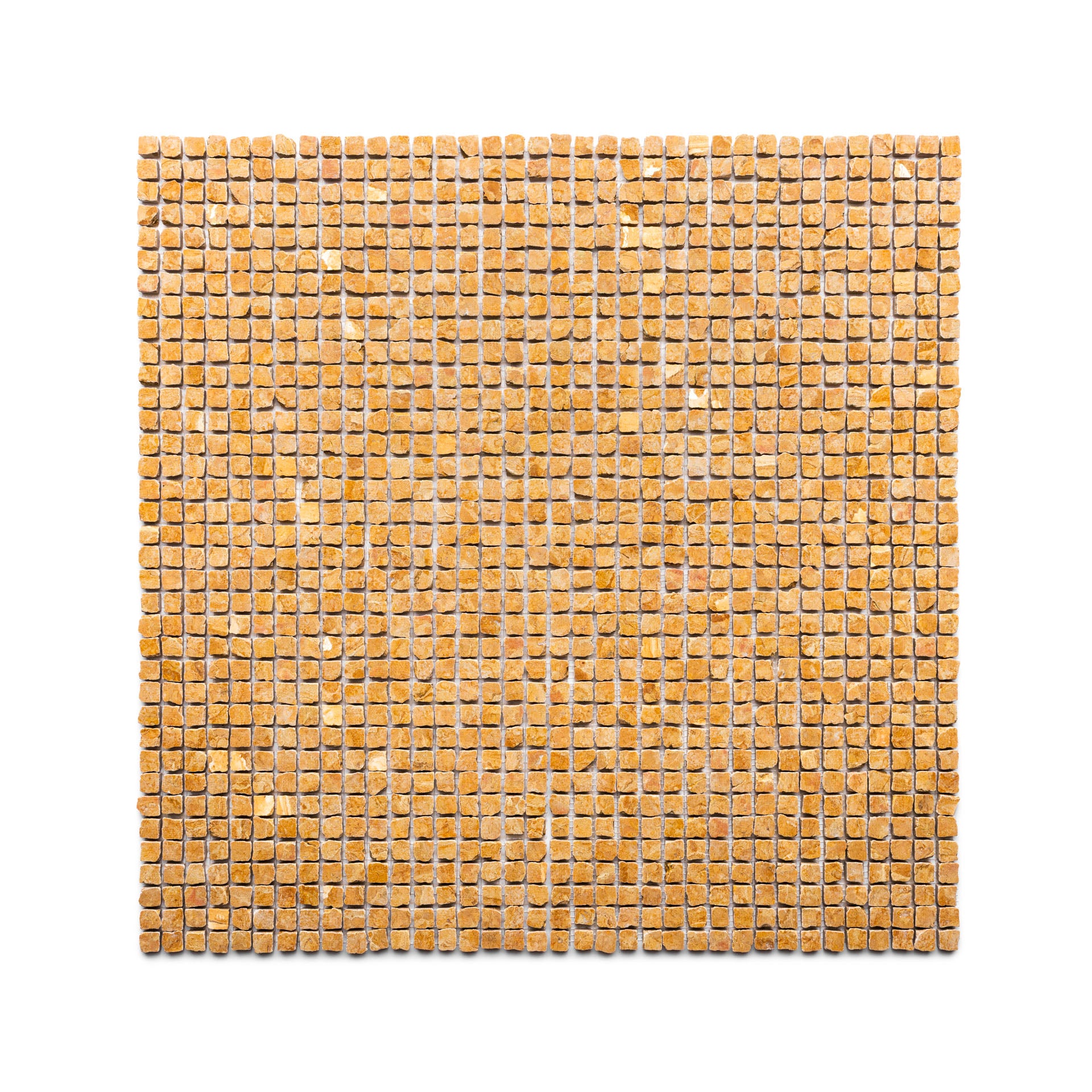 The Giallo Reale 5/8 by Zia Tile features small, evenly spaced light brown and tan tiles in a square mosaic grid on a white background.