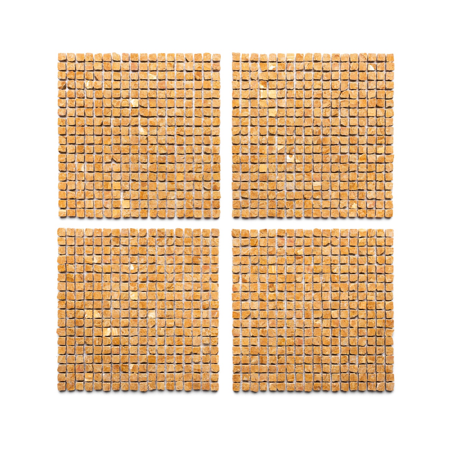 Four Giallo Reale 5/8 mosaic tile mats by Zia Tile, made of small light brown tiles, are arranged in a two-by-two grid on a white background.