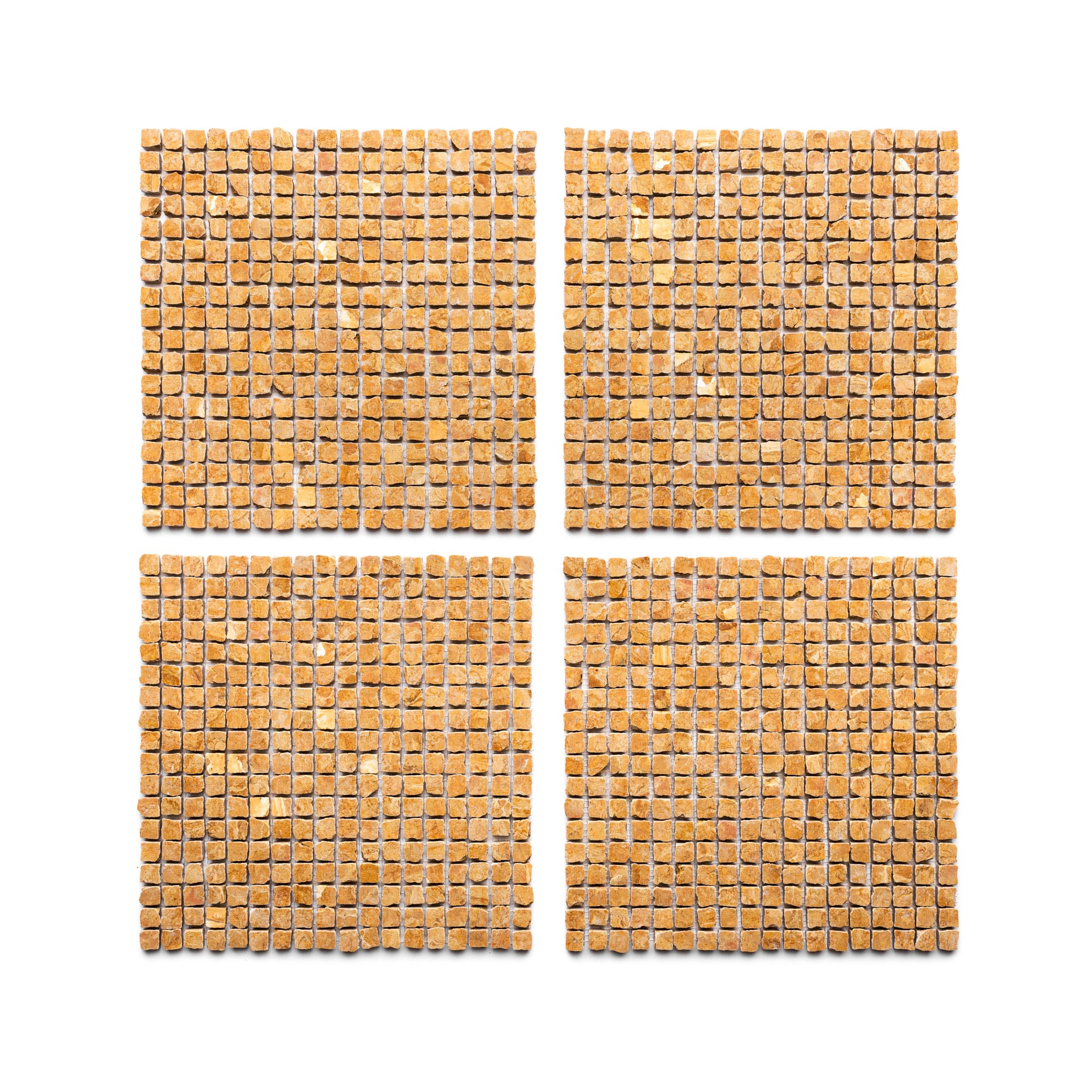 Four Giallo Reale 5/8 mosaic tile mats by Zia Tile, made of small light brown tiles, are arranged in a two-by-two grid on a white background.
