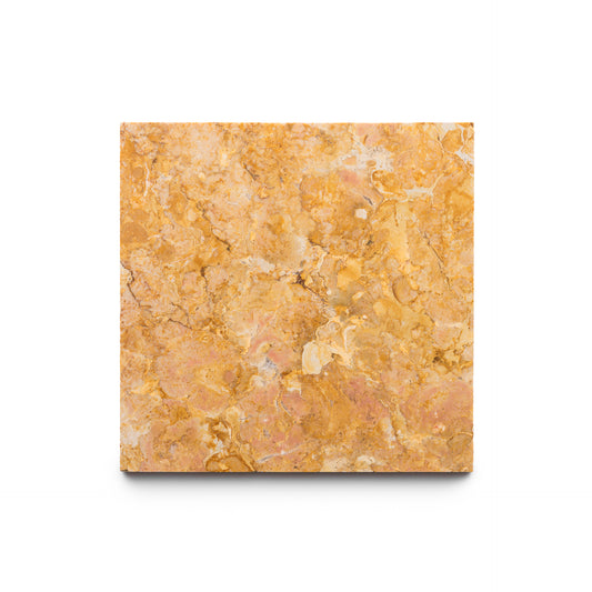 The Zia Tile Giallo Reale 6x6 is a square tile featuring a marbled orange, yellow, and beige pattern, shown on a white background.