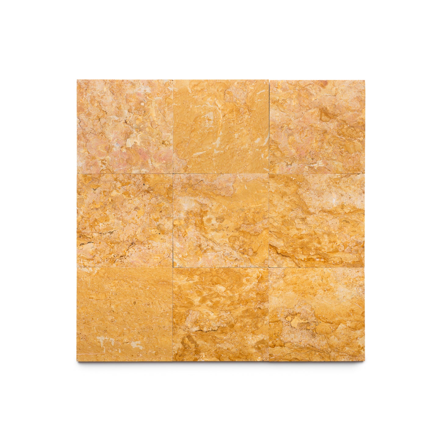 Nine Giallo Reale 6x6 tiles by Zia Tile, arranged in a square, display golden-brown tones with unique natural patterns and textures on a white background.
