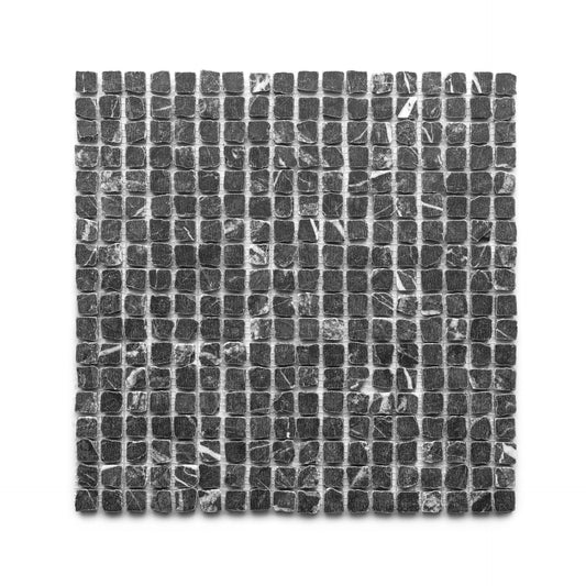 Grigio Carnico 5/8 by Zia Tile features small, dark gray marble tiles with white veining in a square grid, set against a white background.