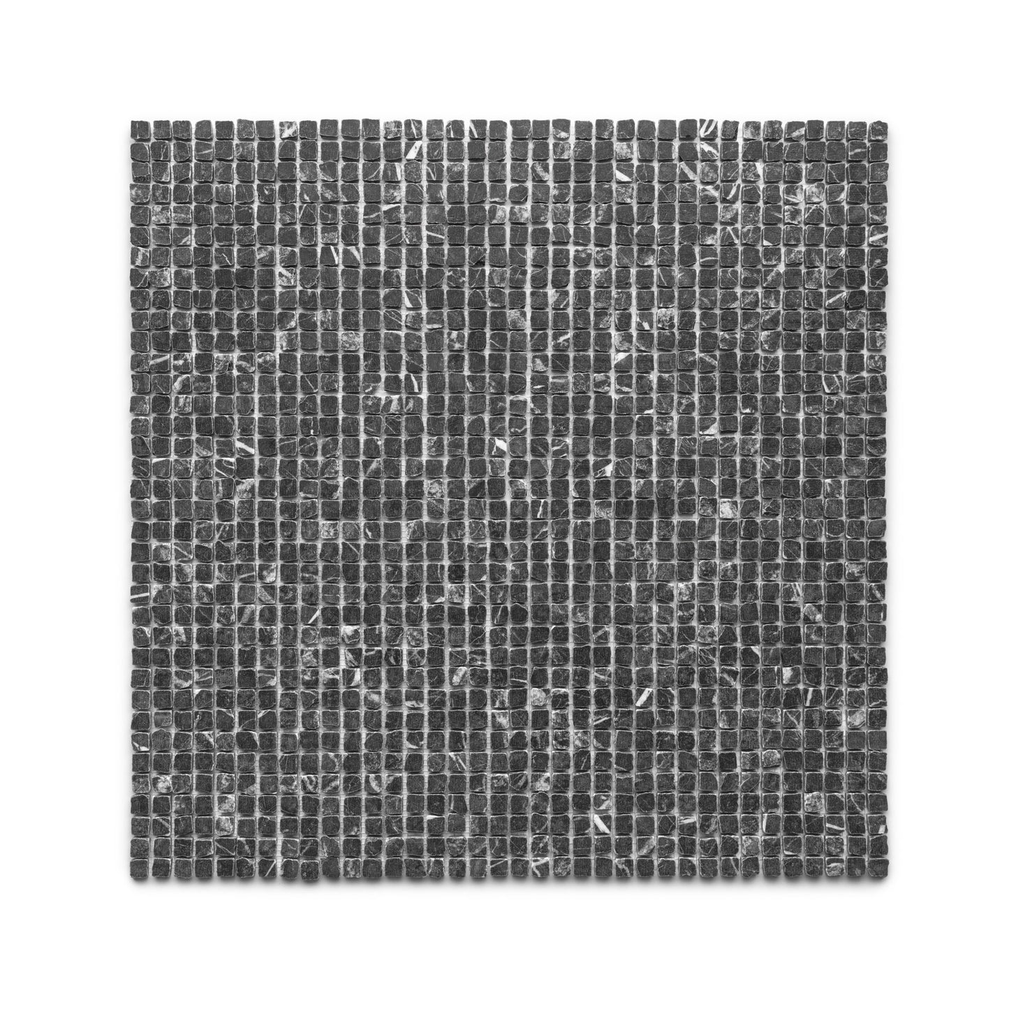 Grigio Carnico 5/8 by Zia Tile features small, dark gray mosaic tiles with a natural stone texture and subtle white veining, set in a square grid pattern on a white background.