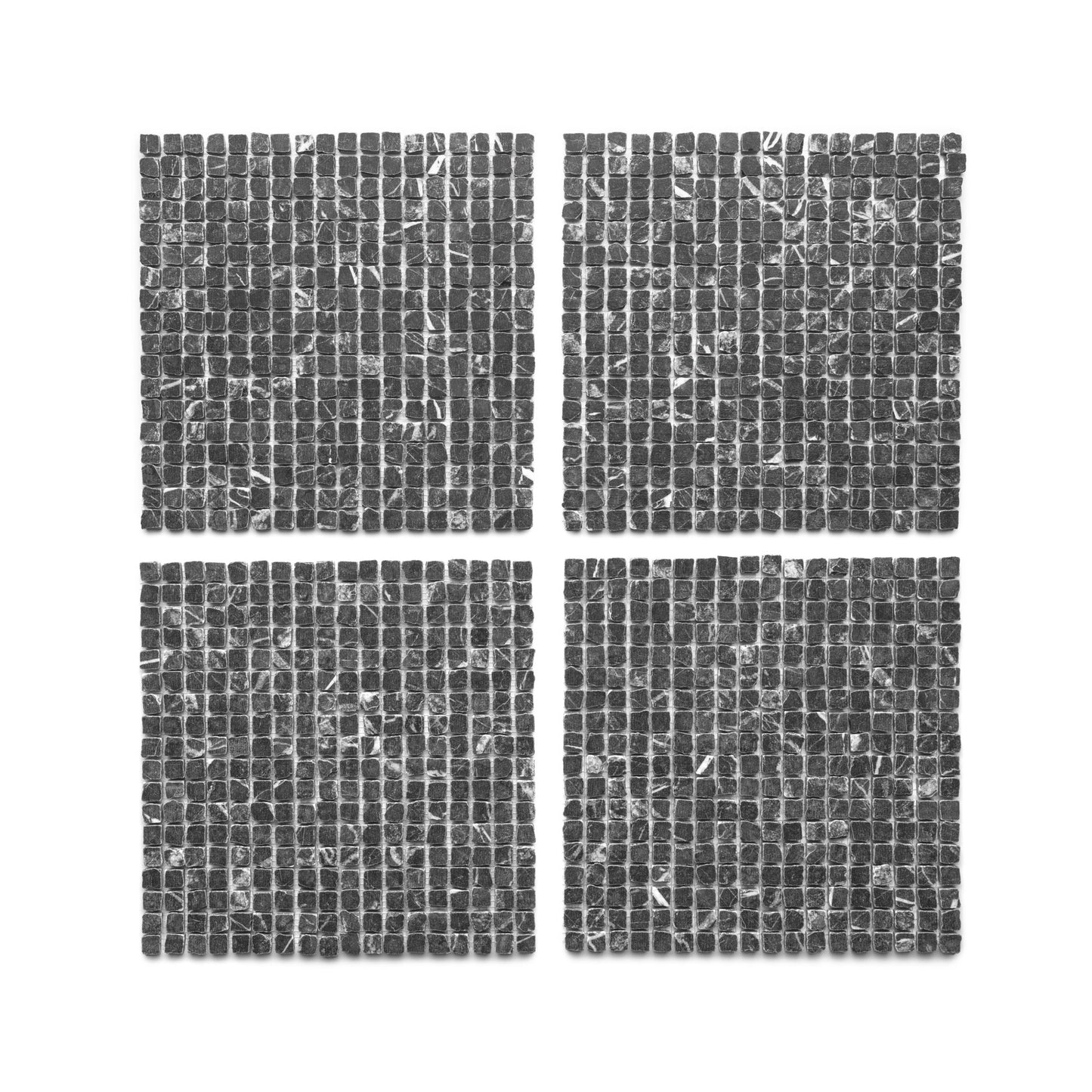 Four Grigio Carnico 5/8 mats by Zia Tile, featuring small dark stone-like tiles in a grid pattern, displayed on a white background.