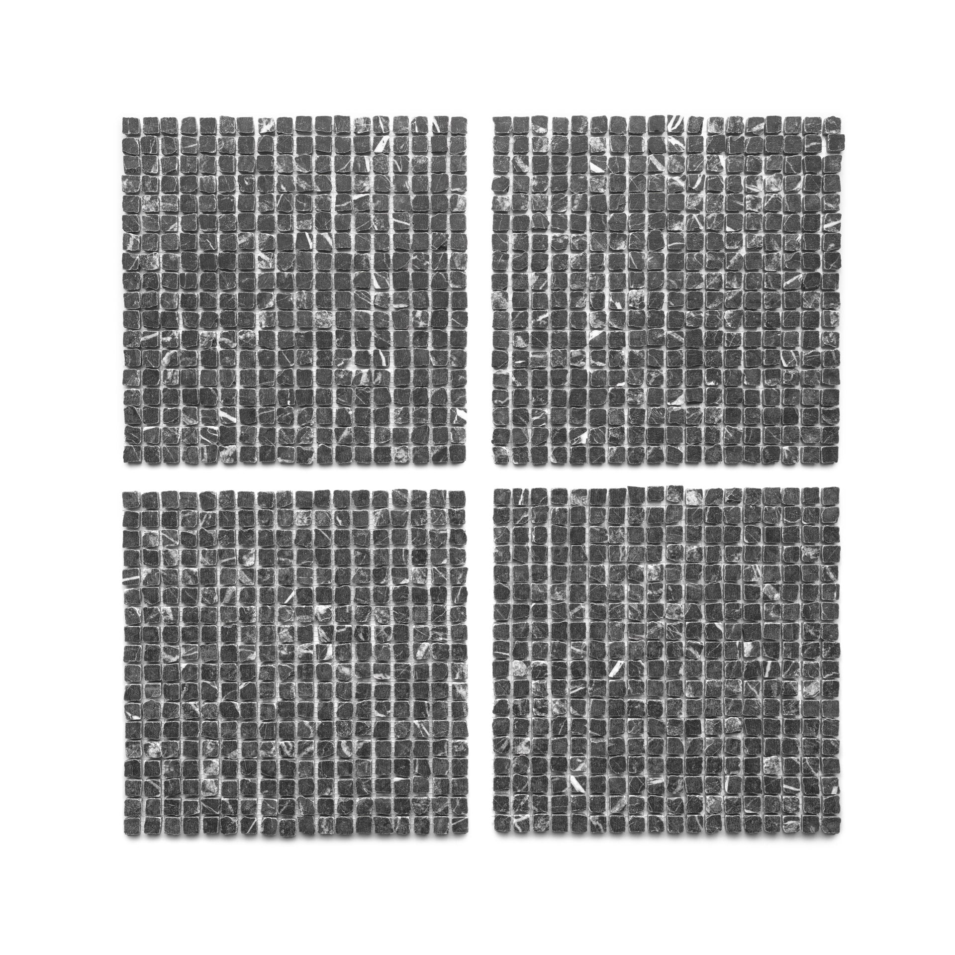 Four Grigio Carnico 5/8 mats by Zia Tile, featuring small dark stone-like tiles in a grid pattern, displayed on a white background.