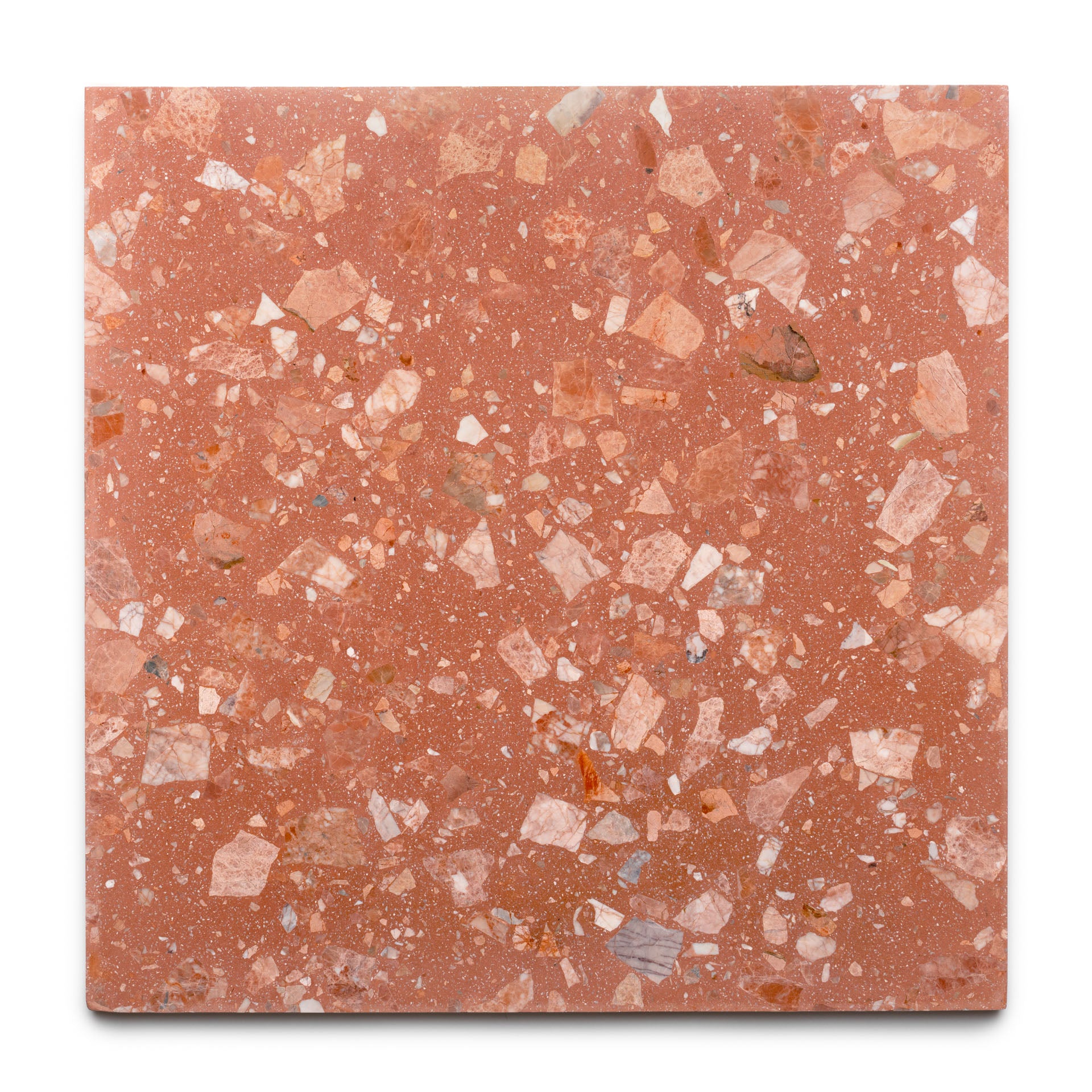 The Guava 24x24 by Zia Tile is a square, terracotta-colored terrazzo tile with irregular white, pink, and reddish stone chips embedded throughout for a speckled look on a smooth handmade surface.