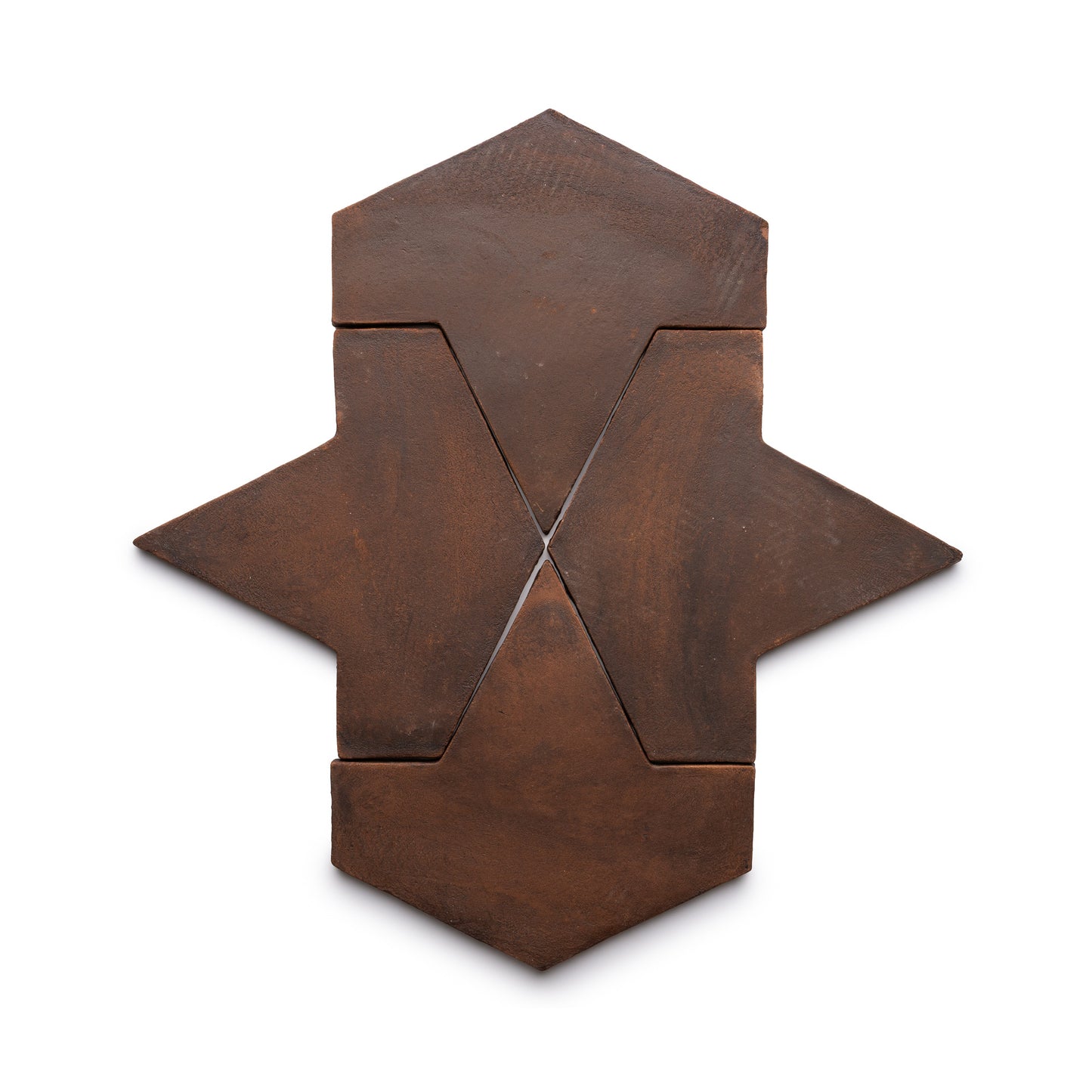 Four Big Alcazar + Madera dark brown ceramic tiles by Zia Tile are arranged symmetrically on a white background, forming a geometric shape with pointed top and bottom and two outward-angled sides.