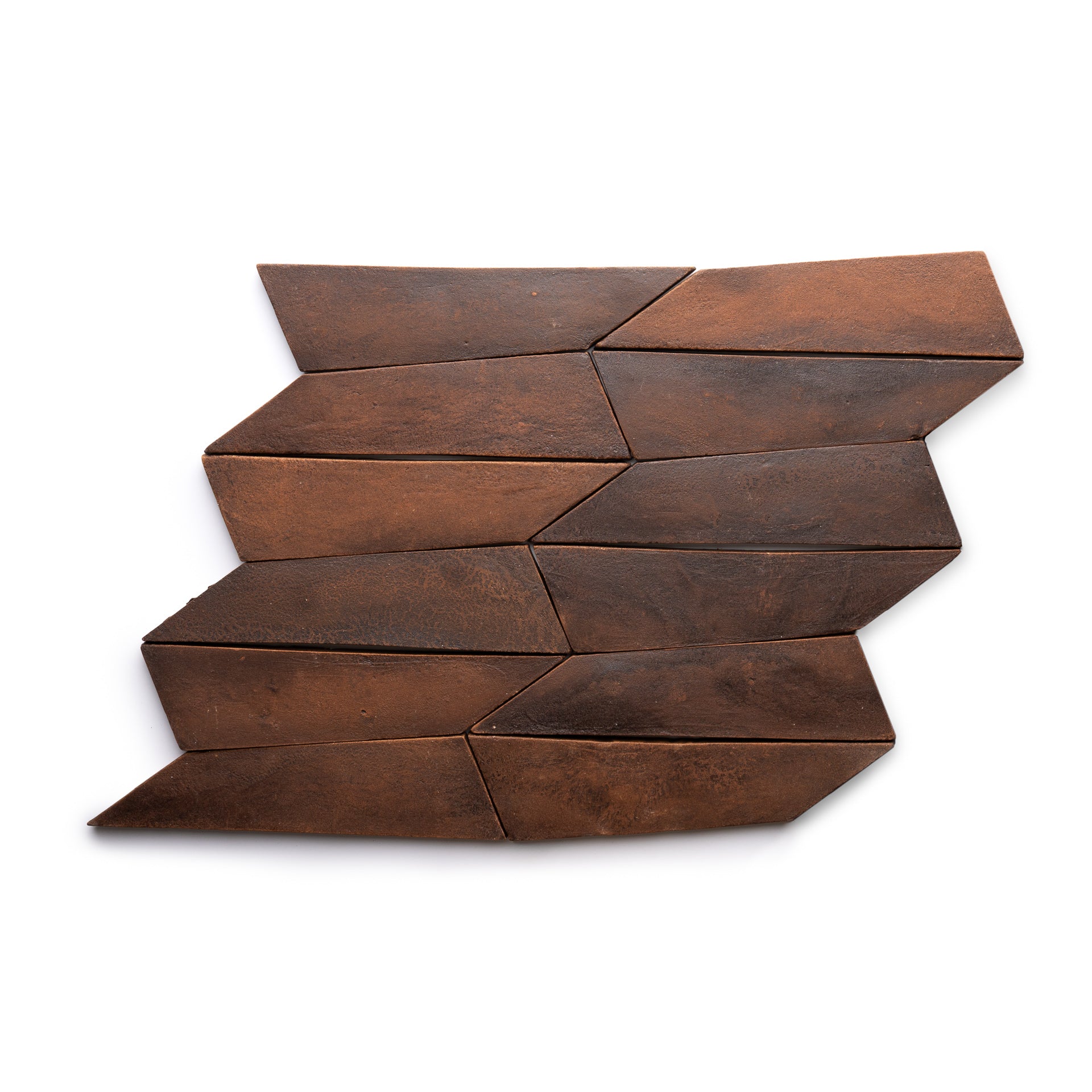 Eight geometric, dark brown Tornillo + Madera tiles by Zia Tile are arranged in an interlocking zig-zag pattern on a white background.