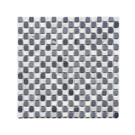 The Zia Tile Mini Check in Carrara + Bardiglio Imperiale features a square grid of small mosaic tiles in alternating black, gray, and white shades arranged in a checkerboard pattern against a white background.
