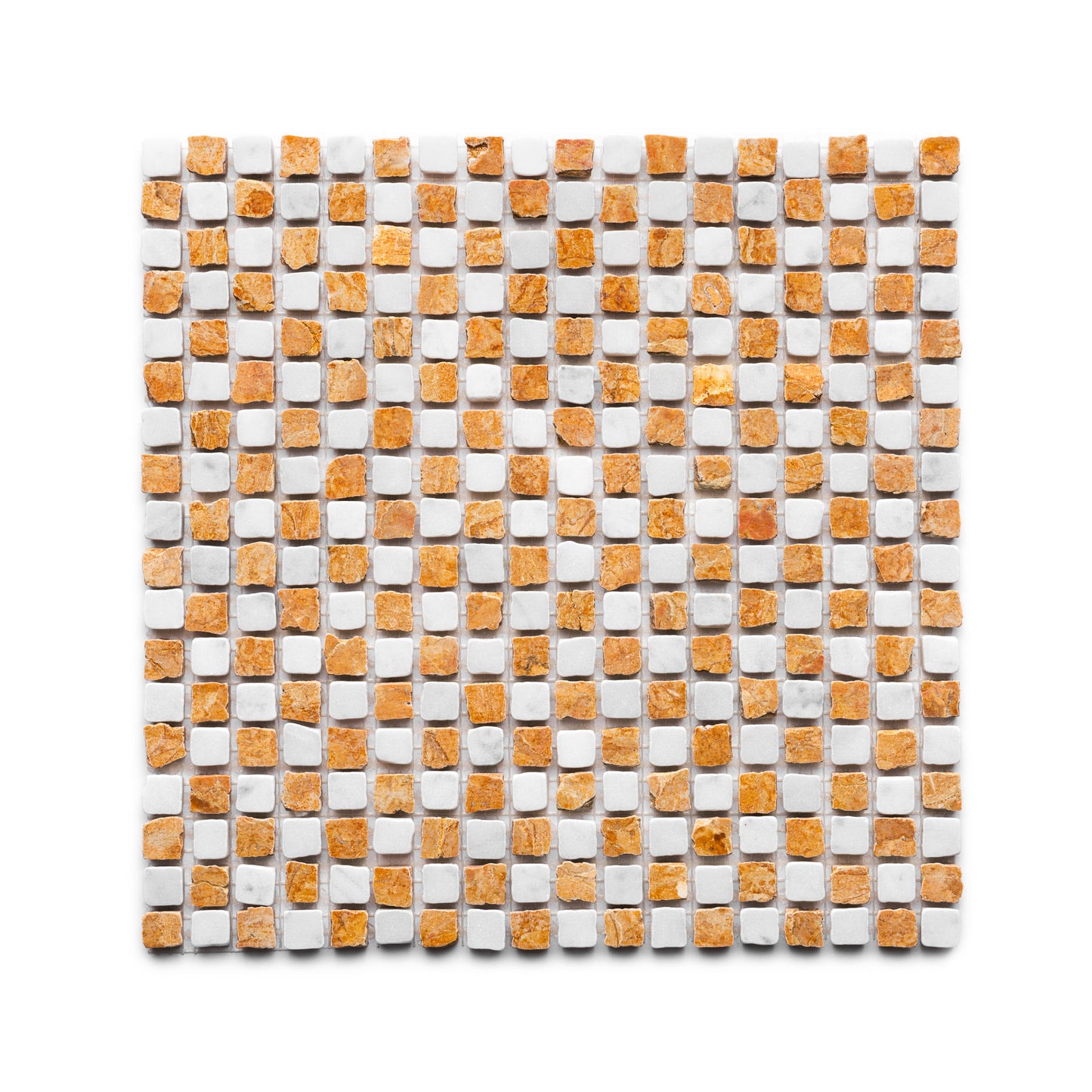 Zia Tile’s Mini Check in Carrara + Giallo Reale features a rectangular mosaic of small square tiles in alternating rows of white and orange-brown tones, set on a crisp white background.