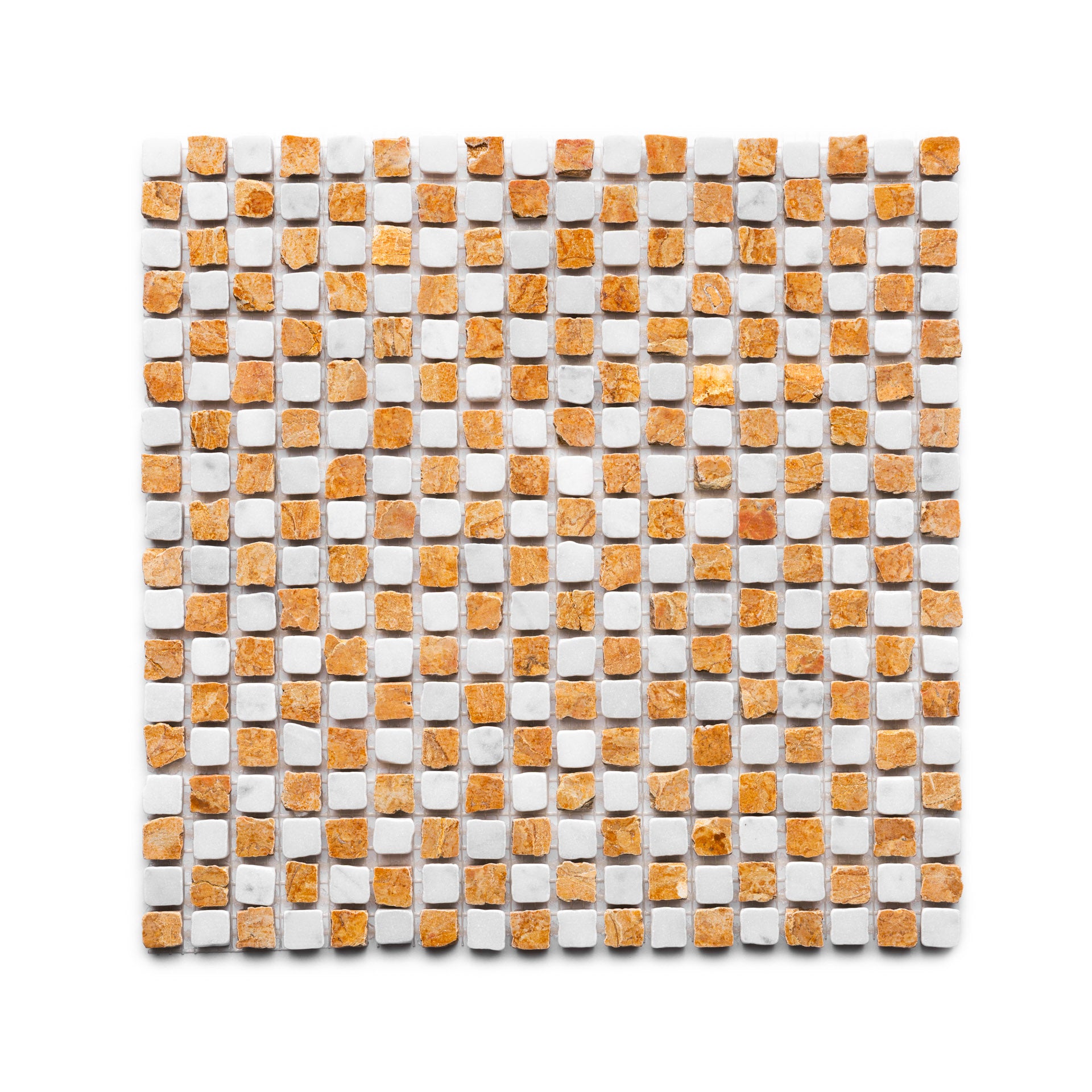 Zia Tile’s Mini Check in Carrara + Giallo Reale features a rectangular mosaic of small square tiles in alternating rows of white and orange-brown tones, set on a crisp white background.