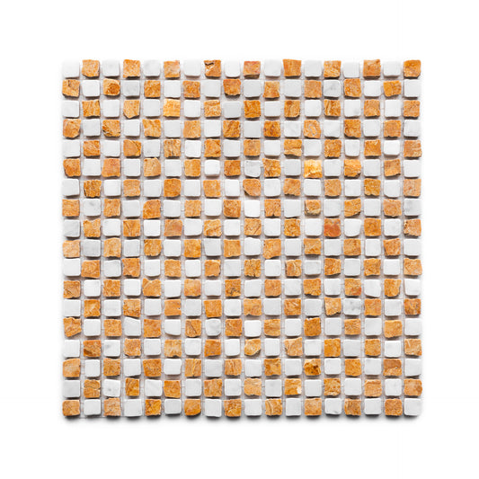 Zia Tile’s Mini Check in Carrara + Giallo Reale features a rectangular mosaic of small square tiles in alternating rows of white and orange-brown tones, set on a crisp white background.
