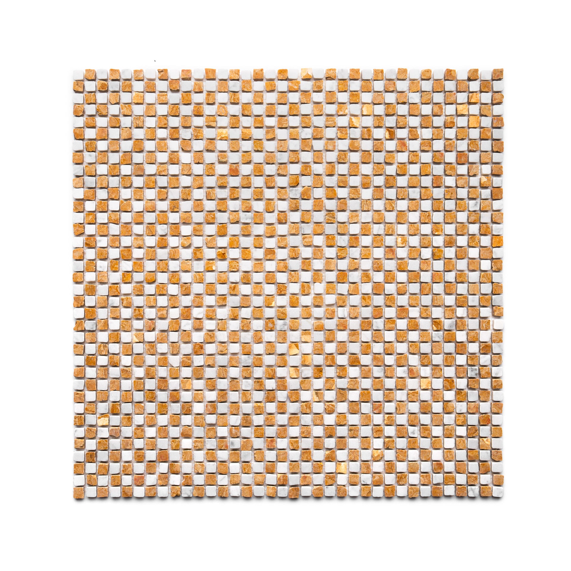 The Zia Tile Mini Check in Carrara + Giallo Reale features a square mosaic sheet with a checkerboard pattern of small alternating white and yellow tiles.