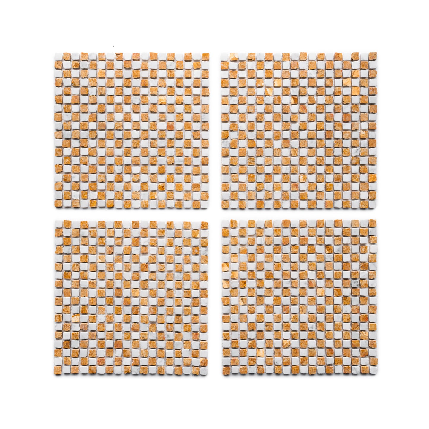Four sheets of Zia Tile’s Mini Check in Carrara + Giallo Reale mosaic tiles, featuring a small tan and white checkered pattern, are displayed in a grid on a white background with equal spacing between each sheet.