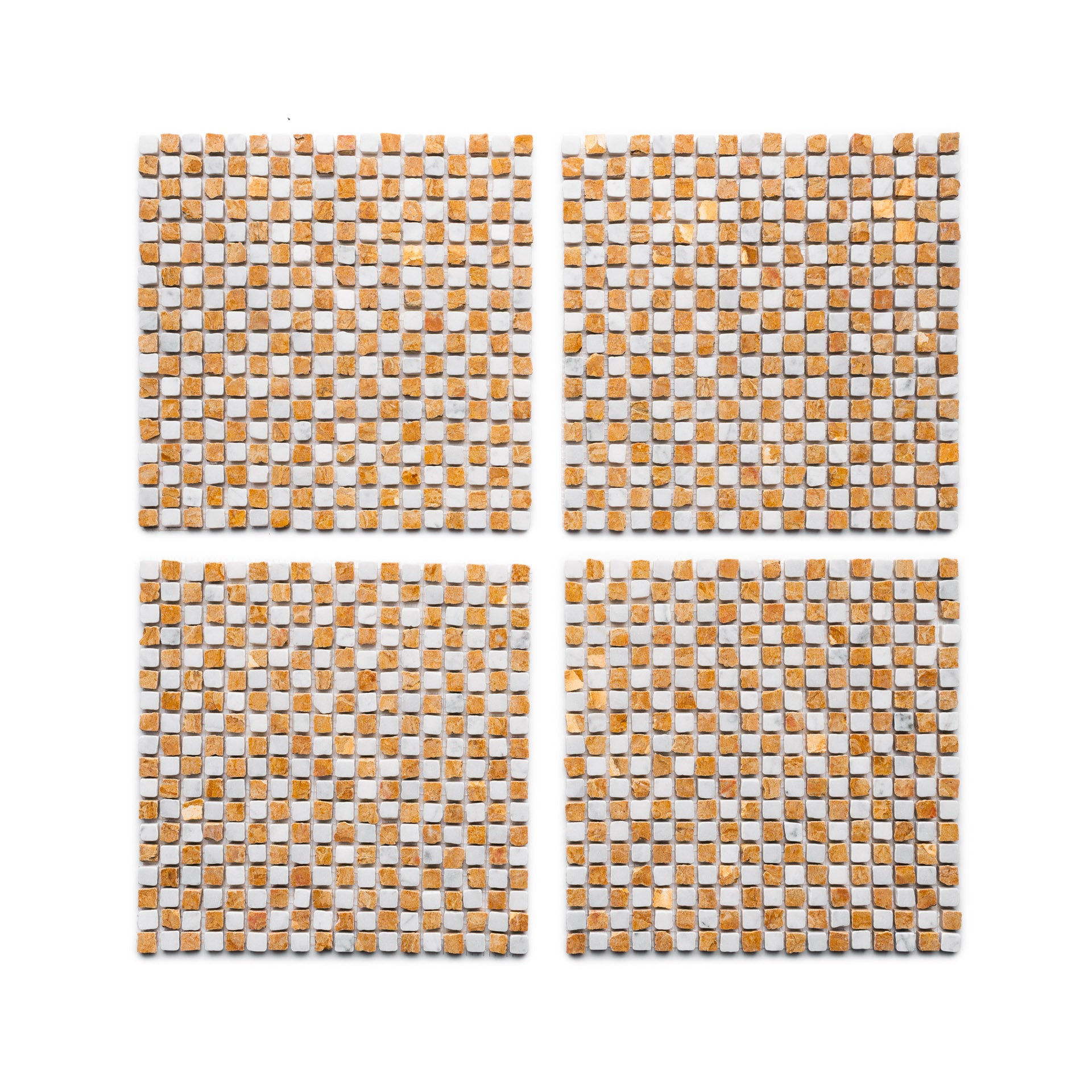 Four sheets of Zia Tile’s Mini Check in Carrara + Giallo Reale mosaic tiles, featuring a small tan and white checkered pattern, are displayed in a grid on a white background with equal spacing between each sheet.