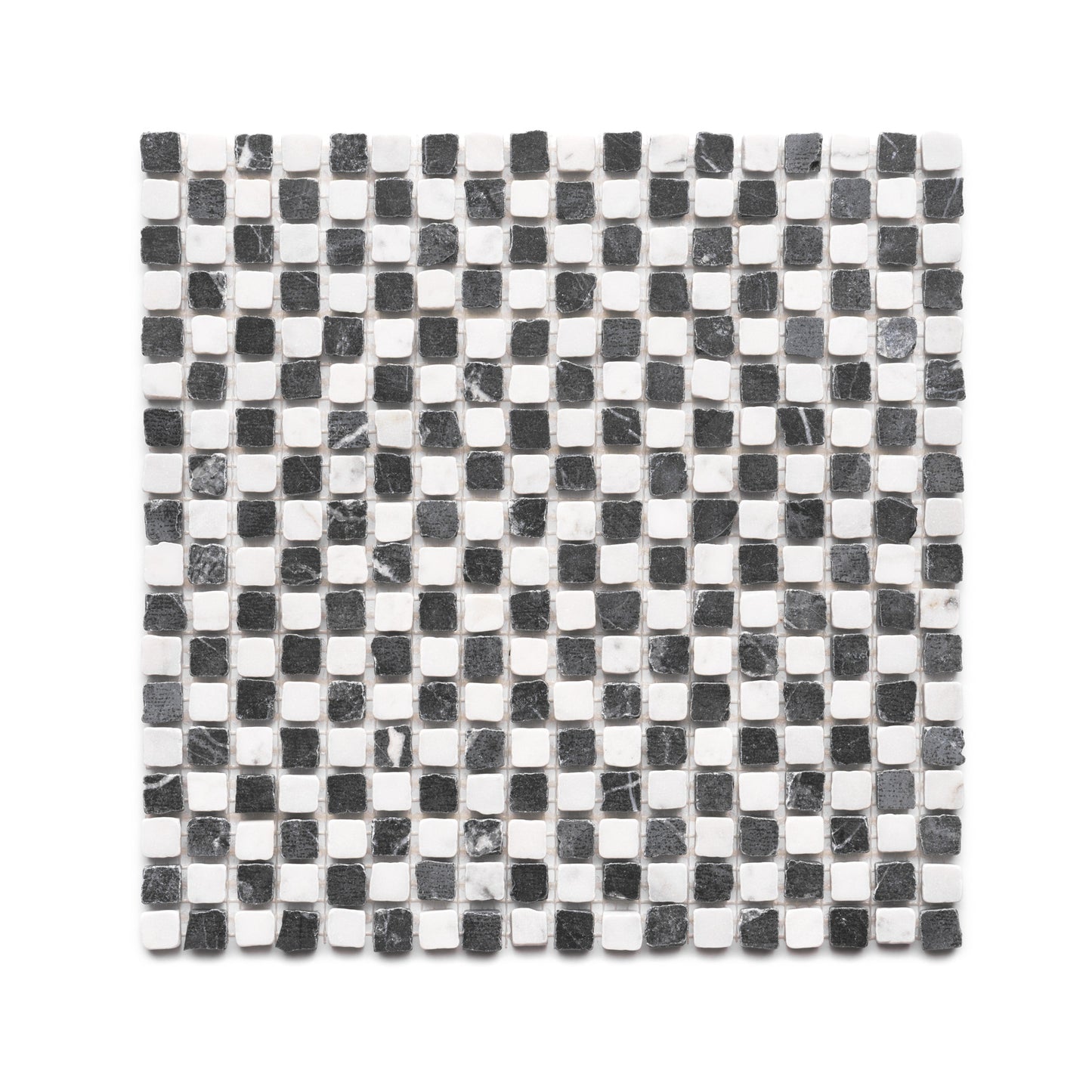 Mini Check in Carrara + Grigio Carnico by Zia Tile features a checkerboard of small, alternating white Carrara and gray Grigio Carnico square tiles arranged in a grid on a white background.