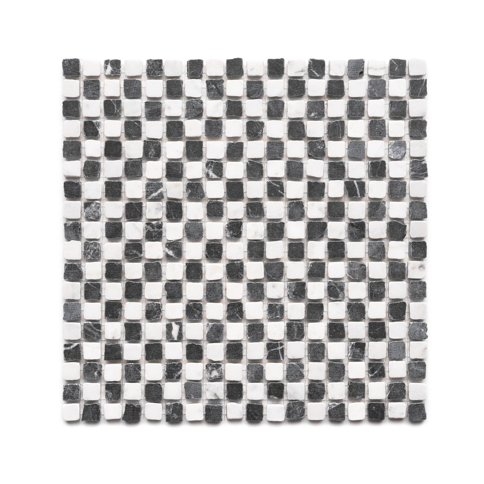 Mini Check in Carrara + Grigio Carnico by Zia Tile features a checkerboard of small, alternating white Carrara and gray Grigio Carnico square tiles arranged in a grid on a white background.