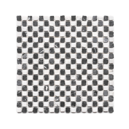 Mini Check in Carrara + Grigio Carnico by Zia Tile features a checkerboard of small, alternating white Carrara and gray Grigio Carnico square tiles arranged in a grid on a white background.