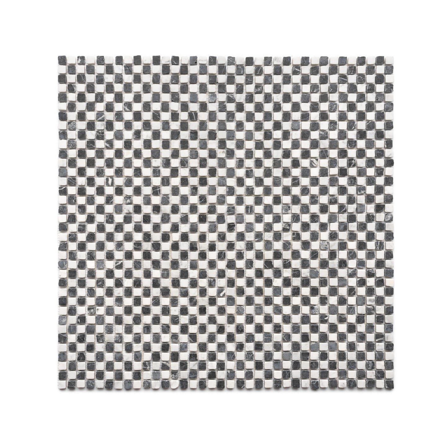 The Mini Check in Carrara + Grigio Carnico by Zia Tile features a geometric, symmetrical checkerboard pattern with alternating small black, white, and gray square tiles.