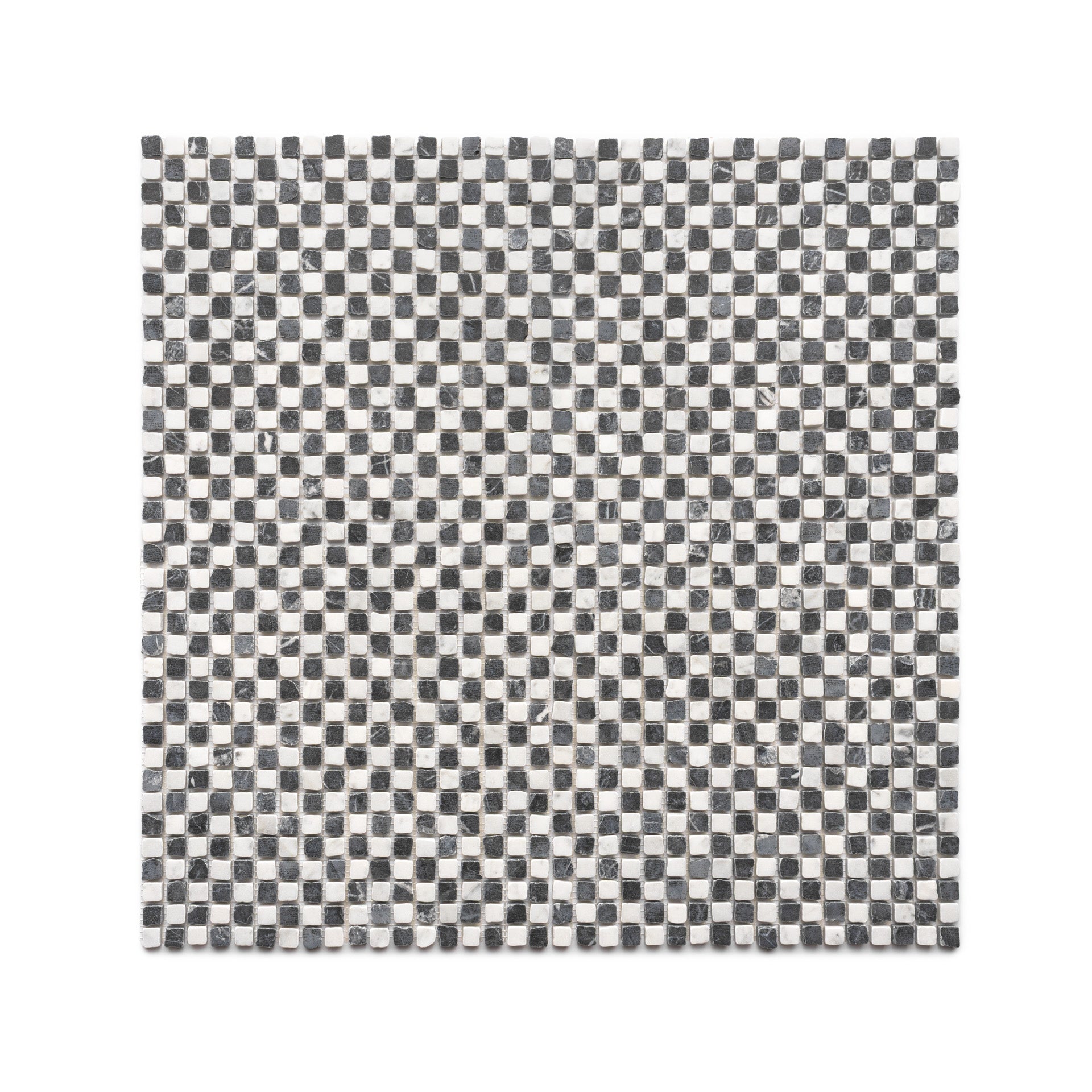 The Mini Check in Carrara + Grigio Carnico by Zia Tile features a geometric, symmetrical checkerboard pattern with alternating small black, white, and gray square tiles.