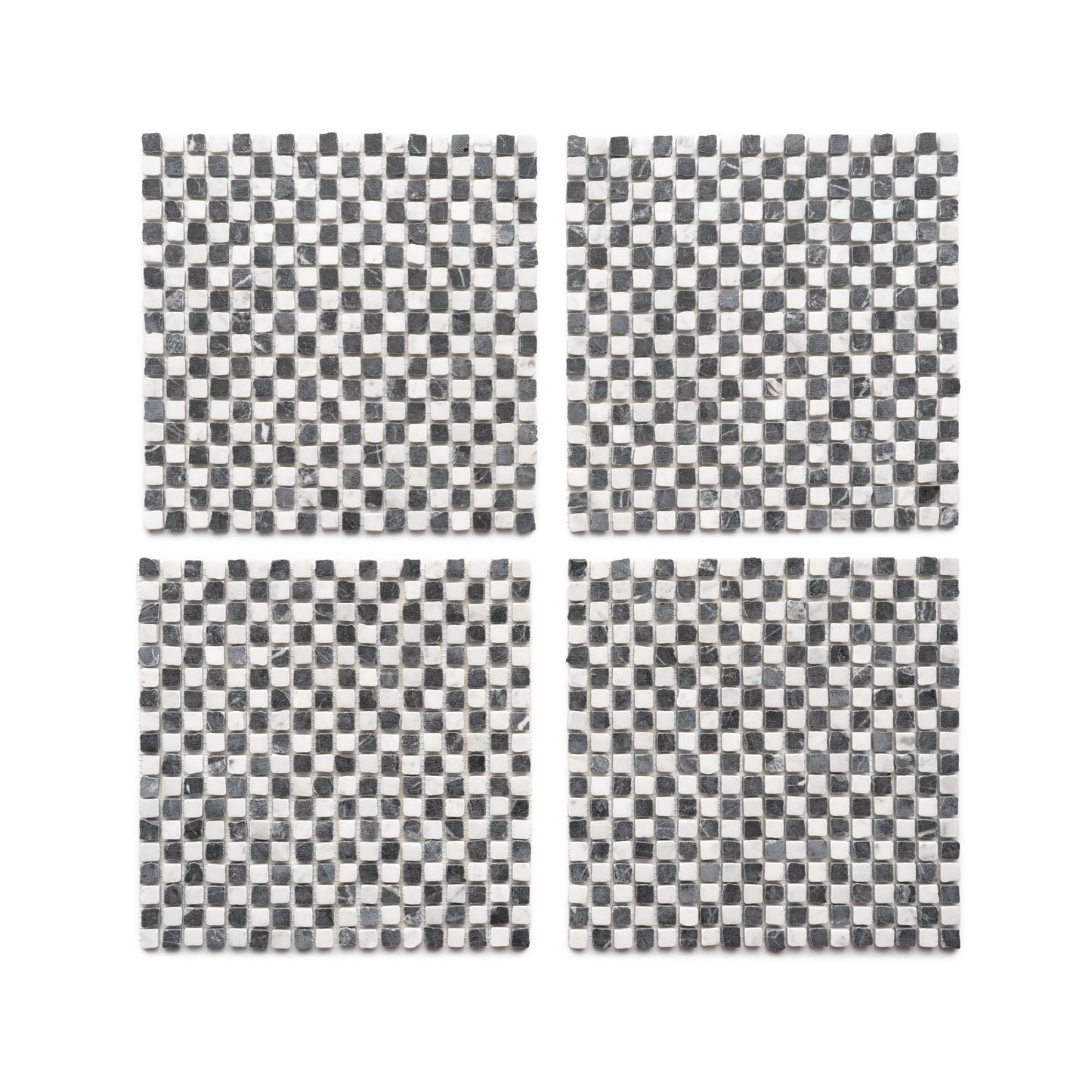 Four Mini Check tiles in Carrara + Grigio Carnico by Zia Tile, featuring a black and white checkerboard pattern, are arranged in a two-by-two grid on a white background.