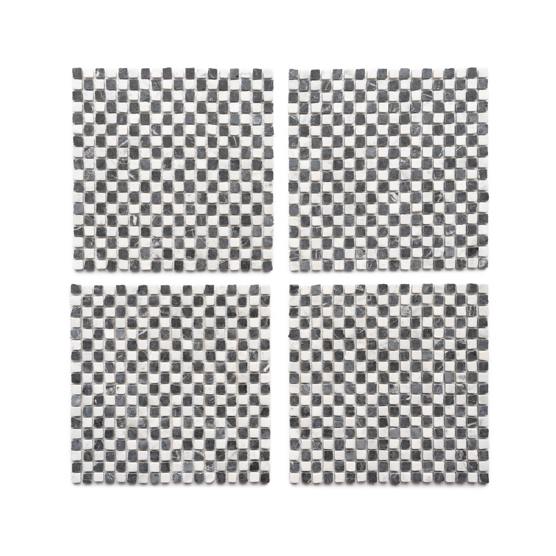 Four Mini Check tiles in Carrara + Grigio Carnico by Zia Tile, featuring a black and white checkerboard pattern, are arranged in a two-by-two grid on a white background.