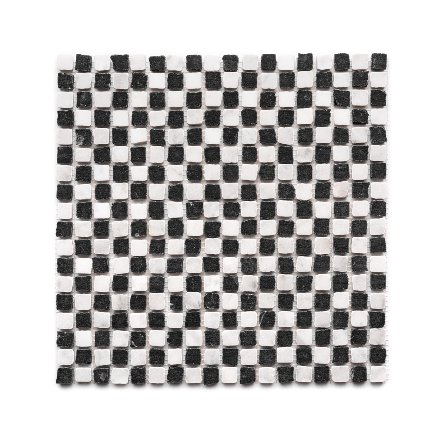 The Mini Check in Carrara + Nero Marquina by Zia Tile features a classic checkerboard mosaic of small black and white tiles, arranged in a square grid pattern.