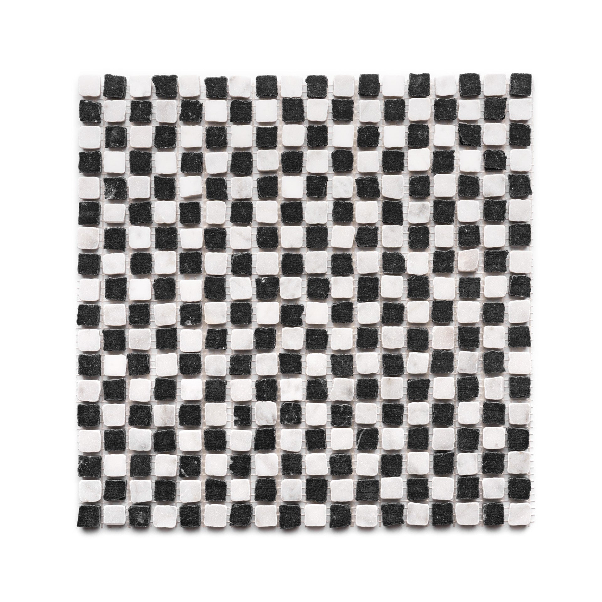 The Mini Check in Carrara + Nero Marquina by Zia Tile features a classic checkerboard mosaic of small black and white tiles, arranged in a square grid pattern.