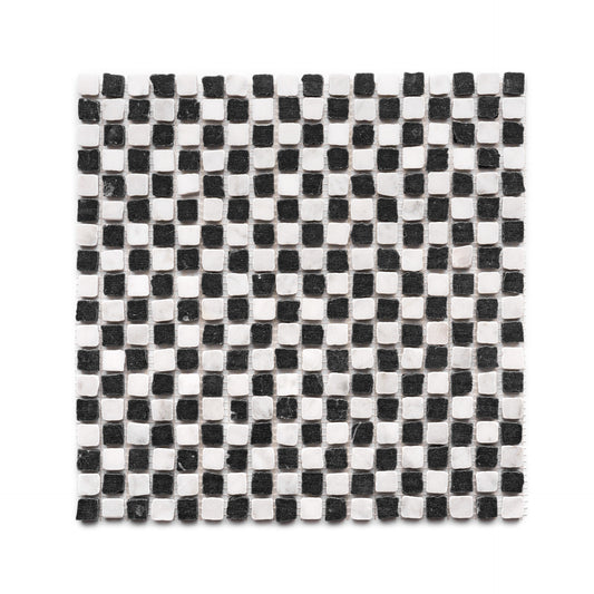 The Mini Check in Carrara + Nero Marquina by Zia Tile features a classic checkerboard mosaic of small black and white tiles, arranged in a square grid pattern.
