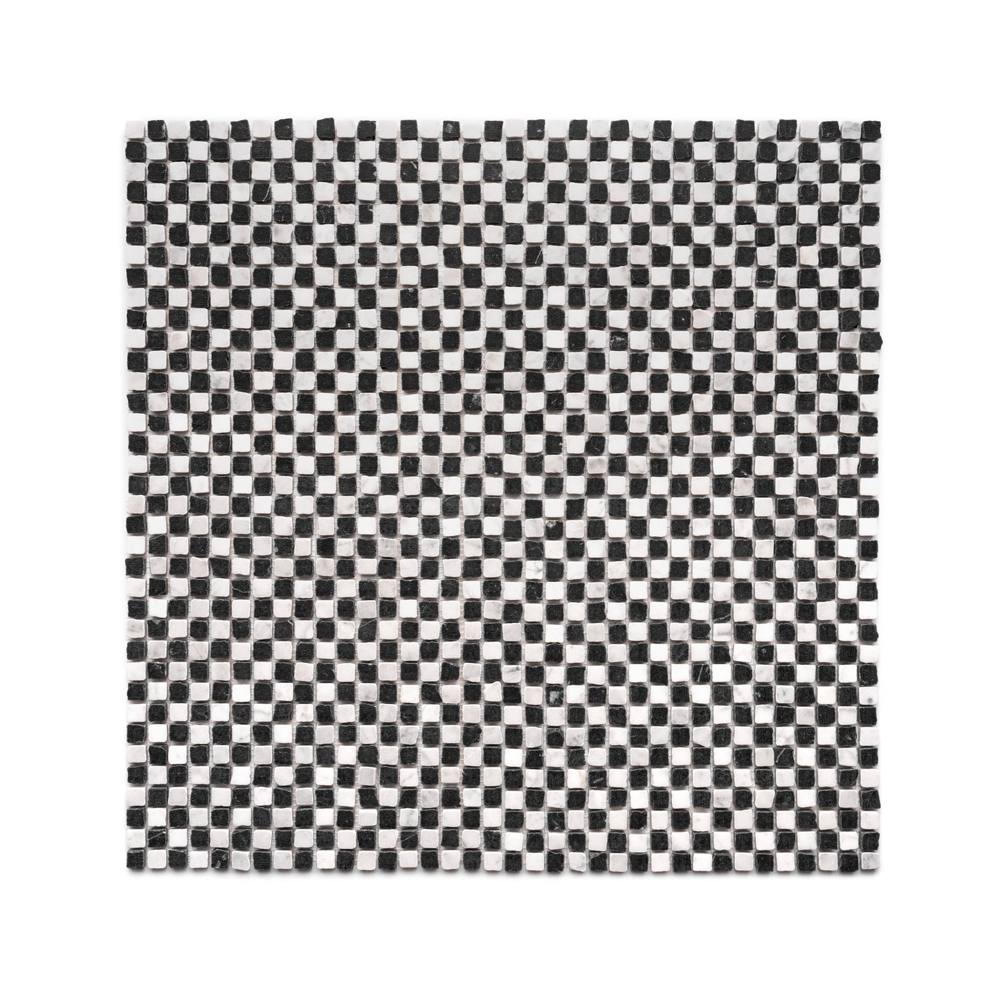 The Mini Check in Carrara + Nero Marquina by Zia Tile is a square tile mosaic featuring a repeating black and white checkerboard pattern on a white background.