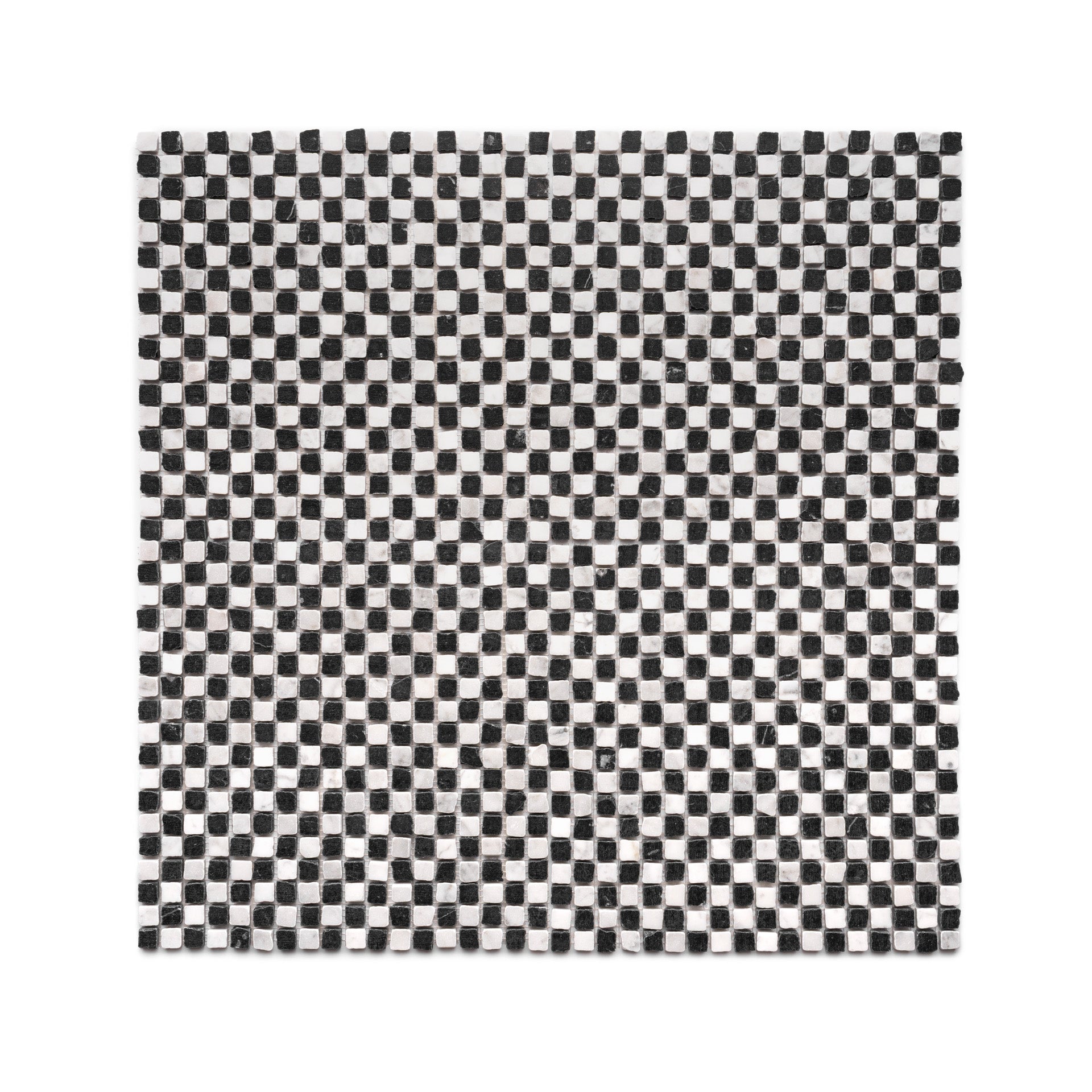 The Mini Check in Carrara + Nero Marquina by Zia Tile is a square tile mosaic featuring a repeating black and white checkerboard pattern on a white background.