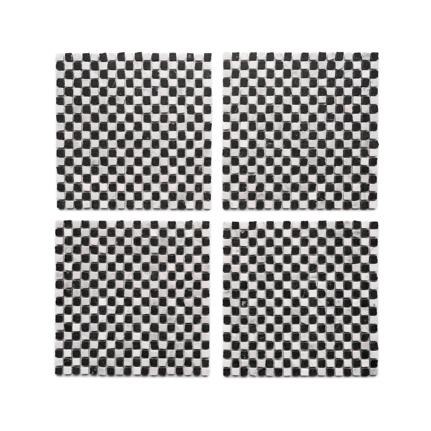 Four square Mini Check in Carrara + Nero Marquina tiles by Zia Tile, each with a black and white checkerboard pattern on a white background, arranged in a grid.