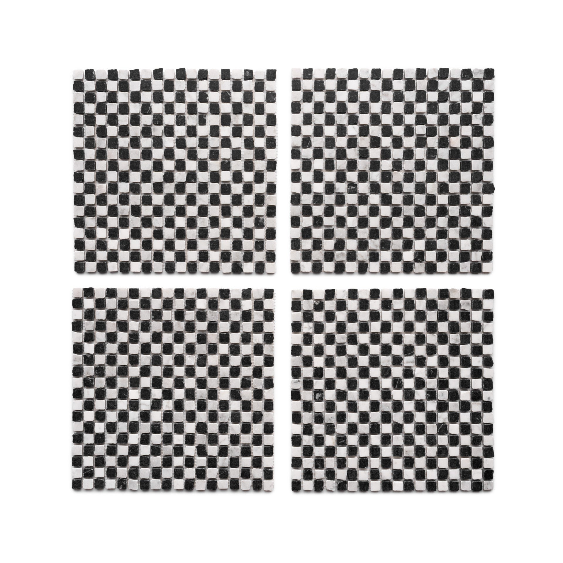 Four square Mini Check in Carrara + Nero Marquina tiles by Zia Tile, each with a black and white checkerboard pattern on a white background, arranged in a grid.
