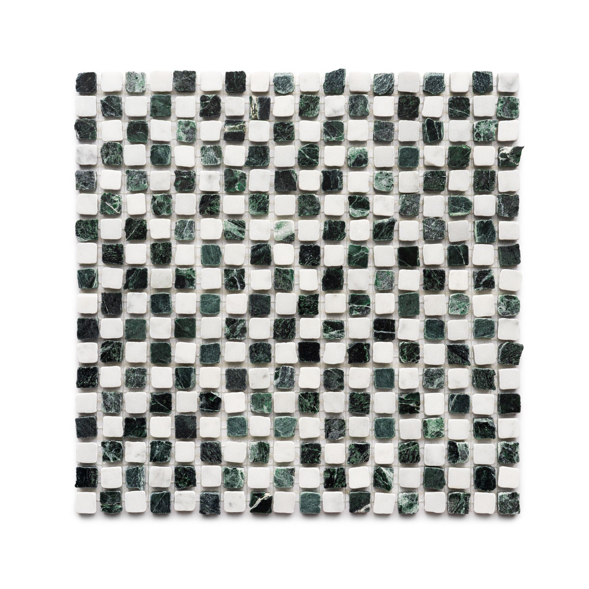 Mini Check in Carrara + Verde Alpi by Zia Tile features a square mosaic sheet with a checkerboard pattern, alternating white Carrara and green Verde Alpi marble tiles, neatly arranged in rows and columns.