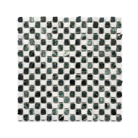 Mini Check in Carrara + Verde Alpi by Zia Tile features a square mosaic sheet with a checkerboard pattern, alternating white Carrara and green Verde Alpi marble tiles, neatly arranged in rows and columns.