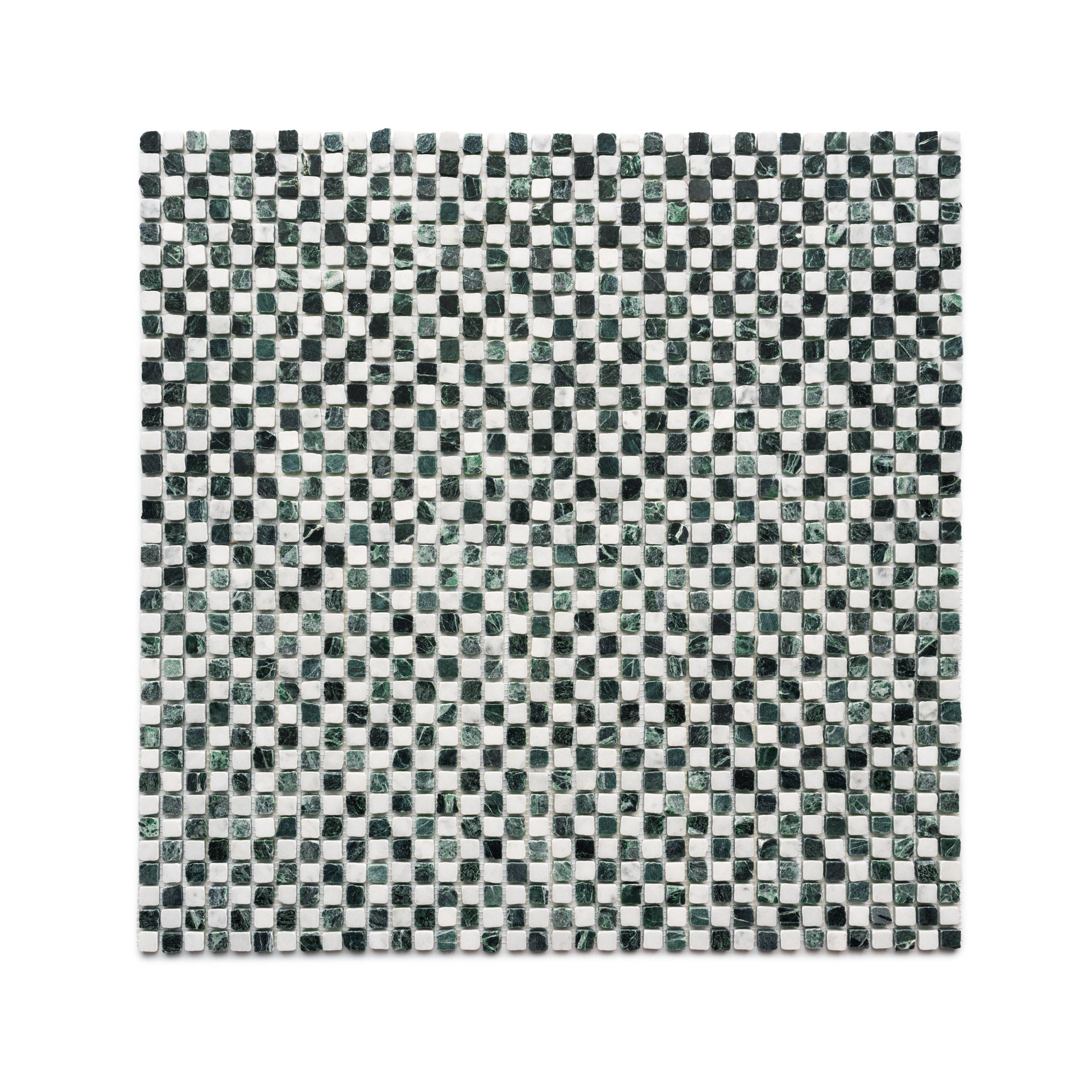 The Mini Check in Carrara + Verde Alpi by Zia Tile is a square mosaic tile sheet featuring a checkerboard pattern of small black, white, and green marble tiles on a white background.