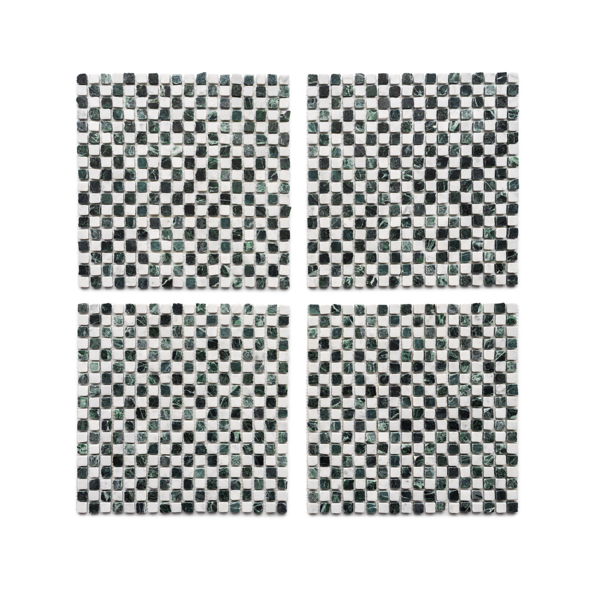 Four Mini Check in Carrara + Verde Alpi tiles from Zia Tile are arranged in a grid, each displaying a black, green, and white checkerboard pattern of small squares. The tiles are evenly spaced on a white background.